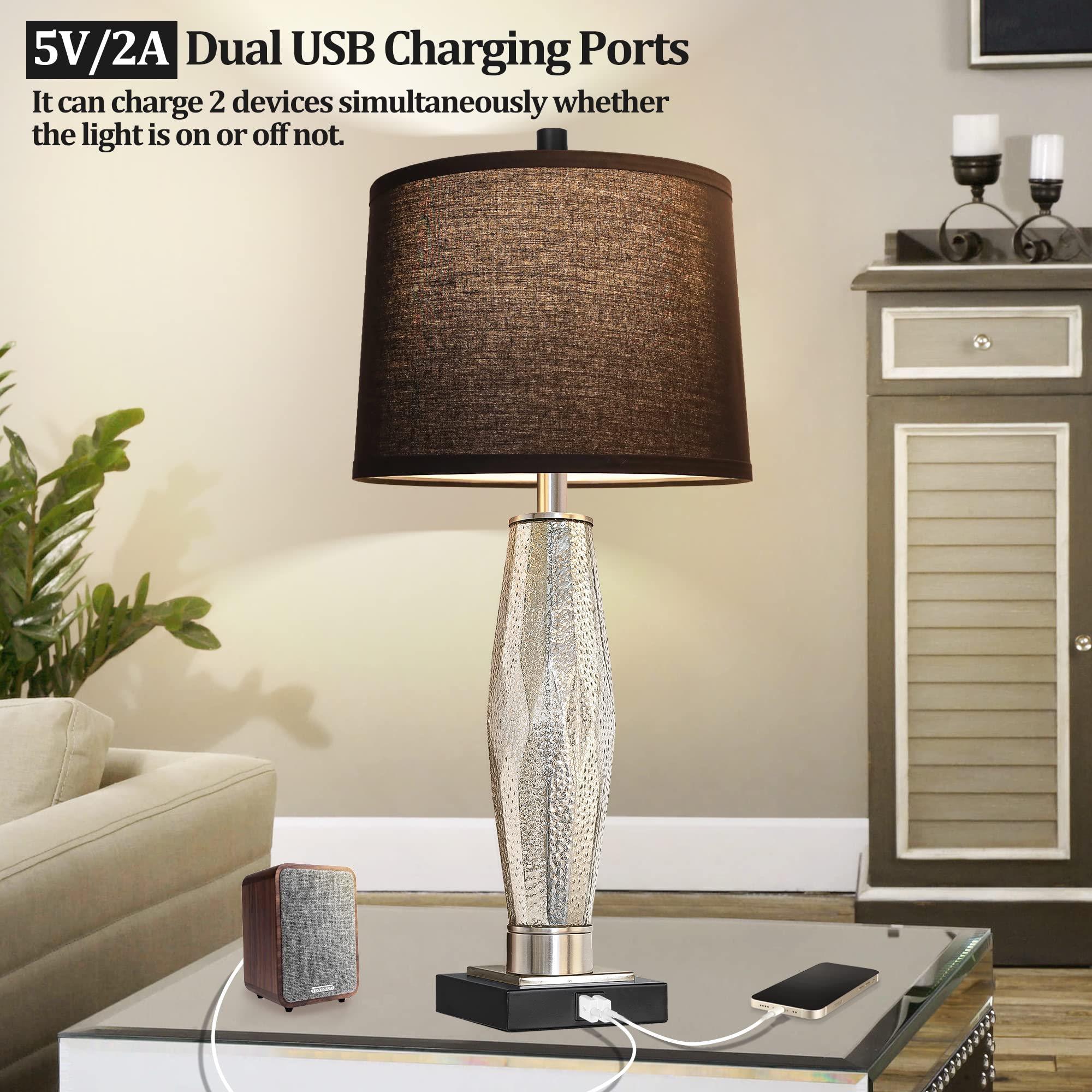 QiMH Table Lamps Set of 2 - Modern Black Glass Nightstand Lamps with USB Charging Ports, LED Bulbs Included, Model STR-DL-0124