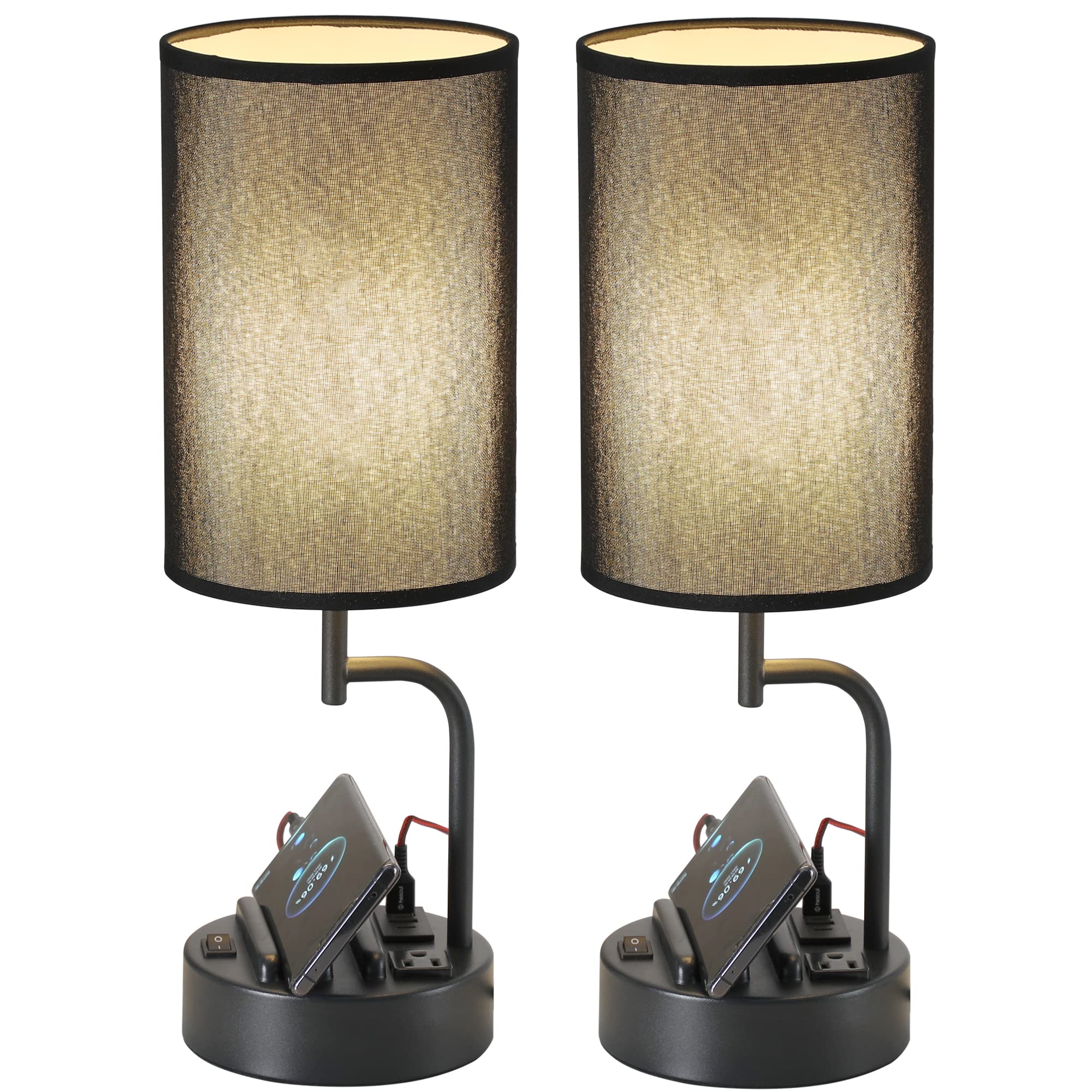Dreamholder Table Lamp with 3 USB Ports, AC Outlet, Phone Stands, 2-Pack, Black