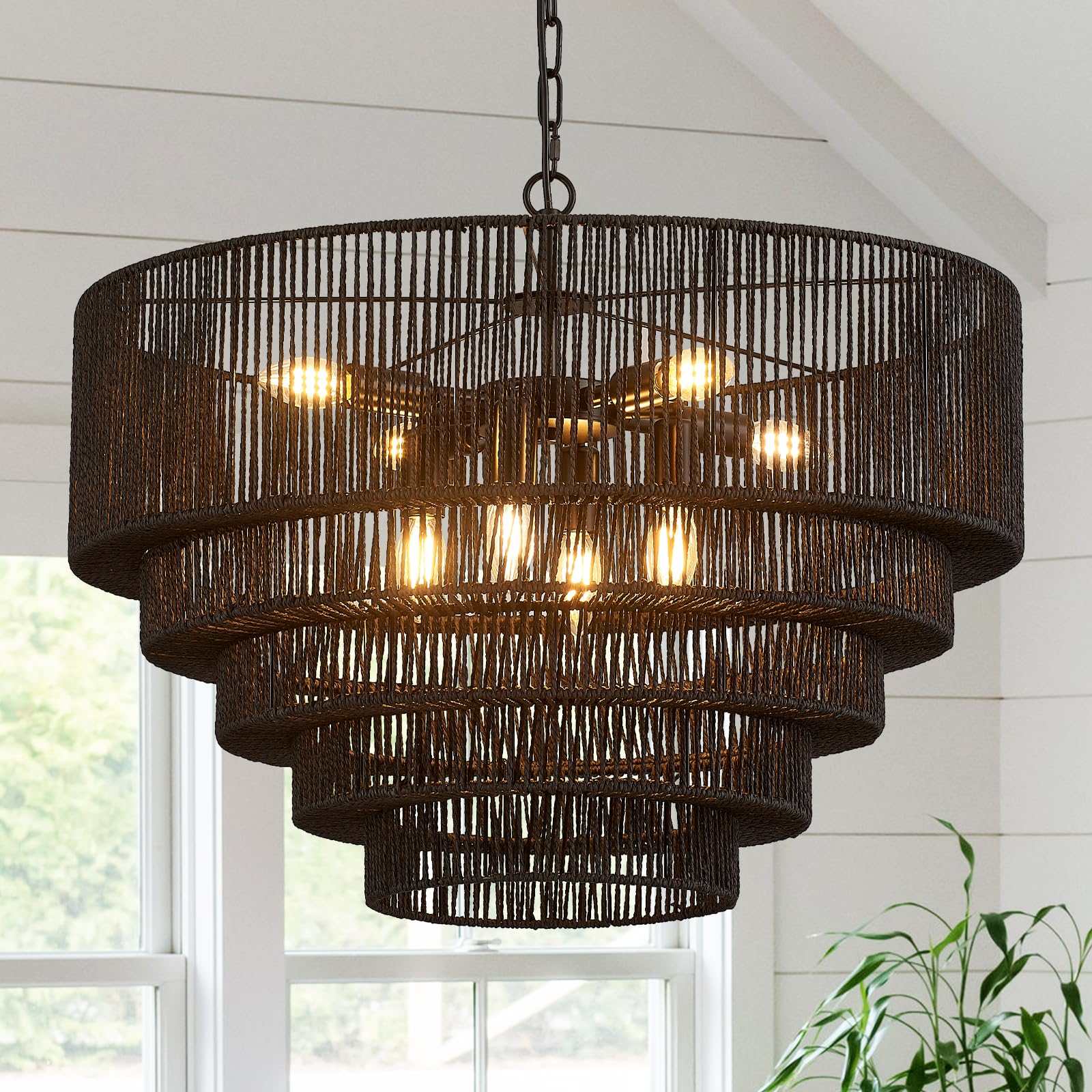 Yomecoo 25.6'' Black Rattan Chandelier Vintage 8-Lights Farmhouse Boho Hand-Woven Bamboo Black Chandelier Light Fixture Retro Dr