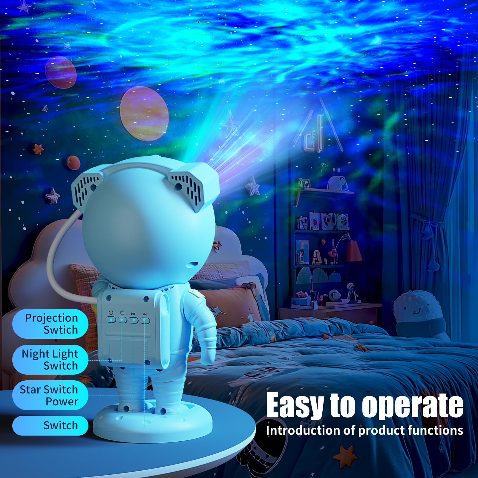 Jioote Astronaut Galaxy Projector with Bluetooth Speaker, Remote Control, Adjustable Angle, Small, Blue, Model JN117