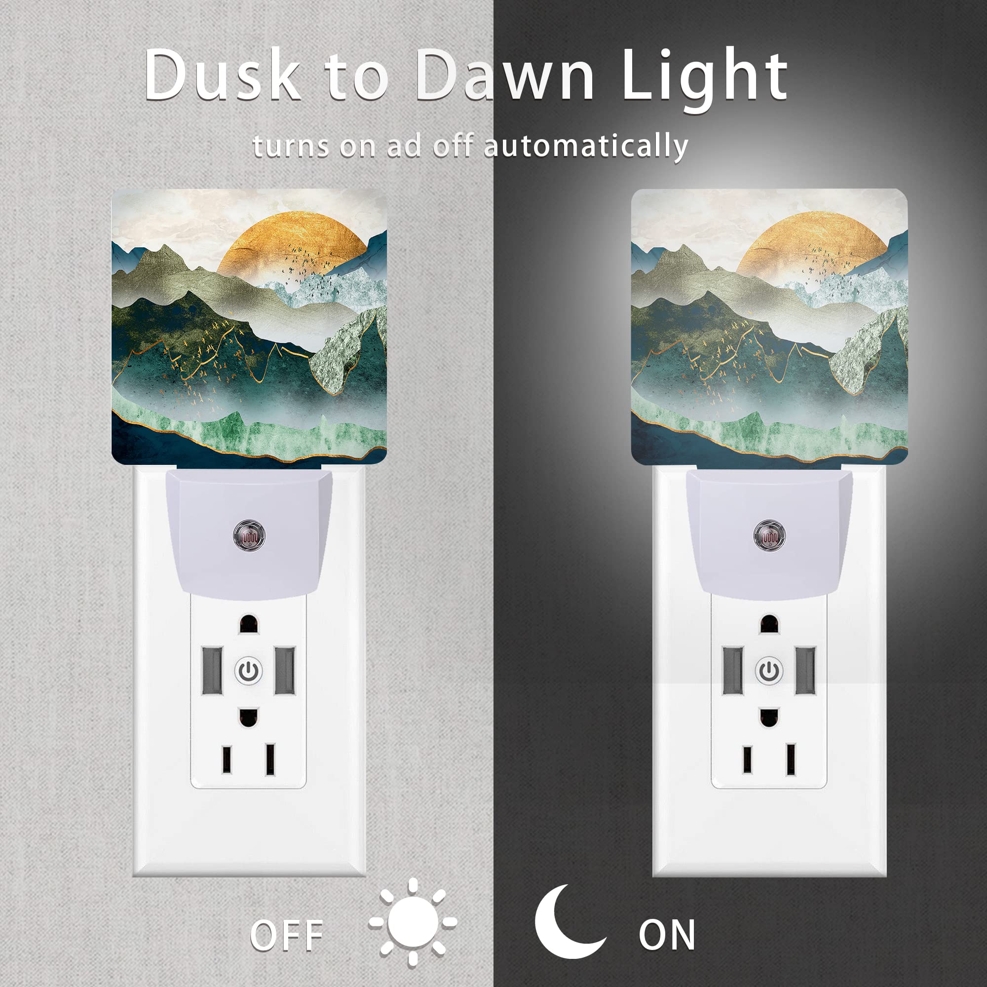 Oeaskly Mountain Night Light,Green Mountains Golden Sunset Plug In Night Lights Auto Led Lamp Energy Saving Square Lights For Boys Girls Men Women