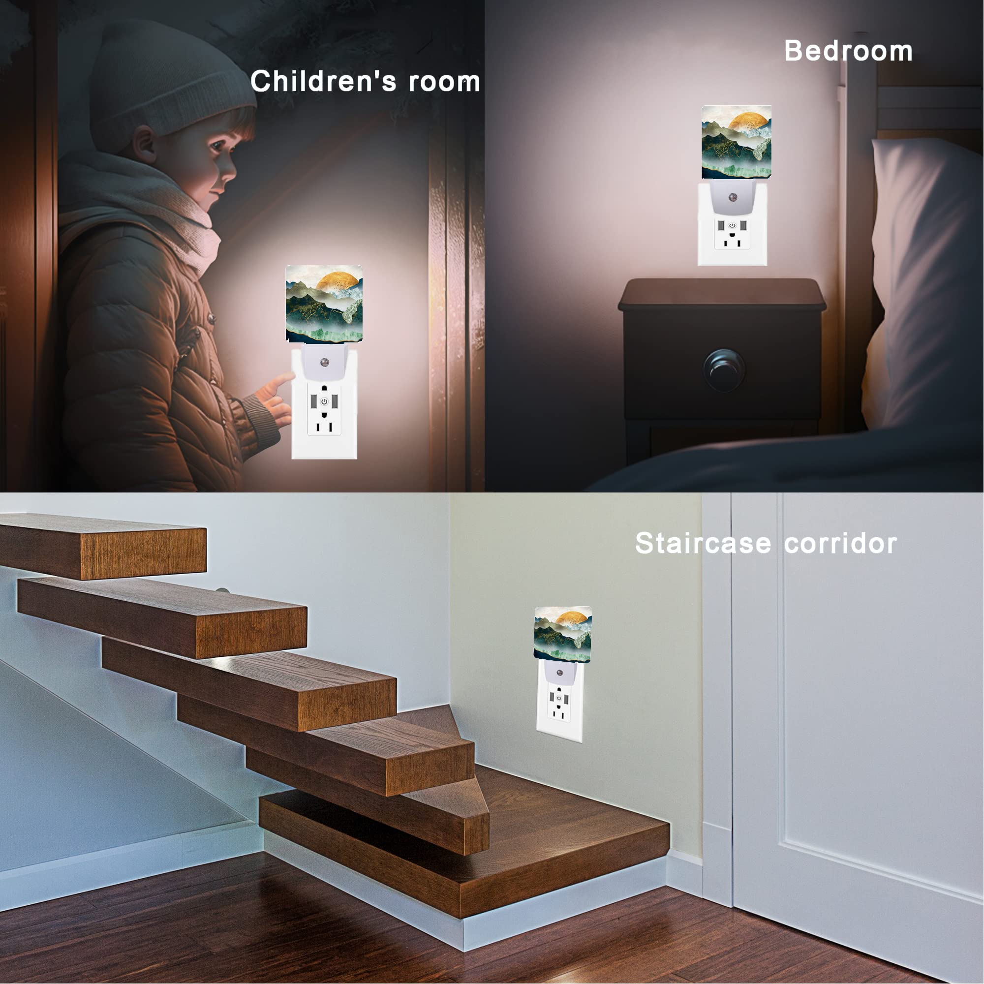 Oeaskly Mountain Night Light,Green Mountains Golden Sunset Plug In Night Lights Auto Led Lamp Energy Saving Square Lights For Boys Girls Men Women