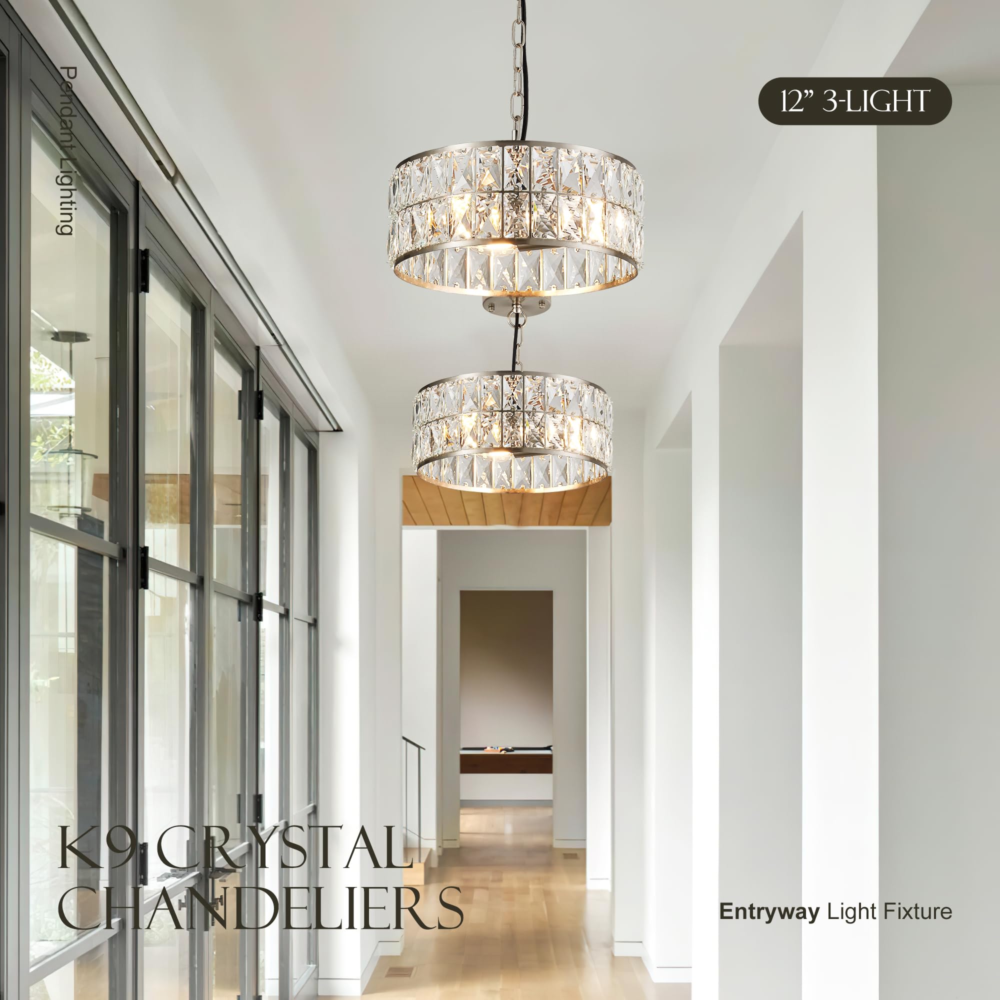 Salaiwei 12    3-Light Modern Crystal Chandeliers Nickel Dinning Room Light Fixture, Round Pendant Light Kitchen Island Chandeli