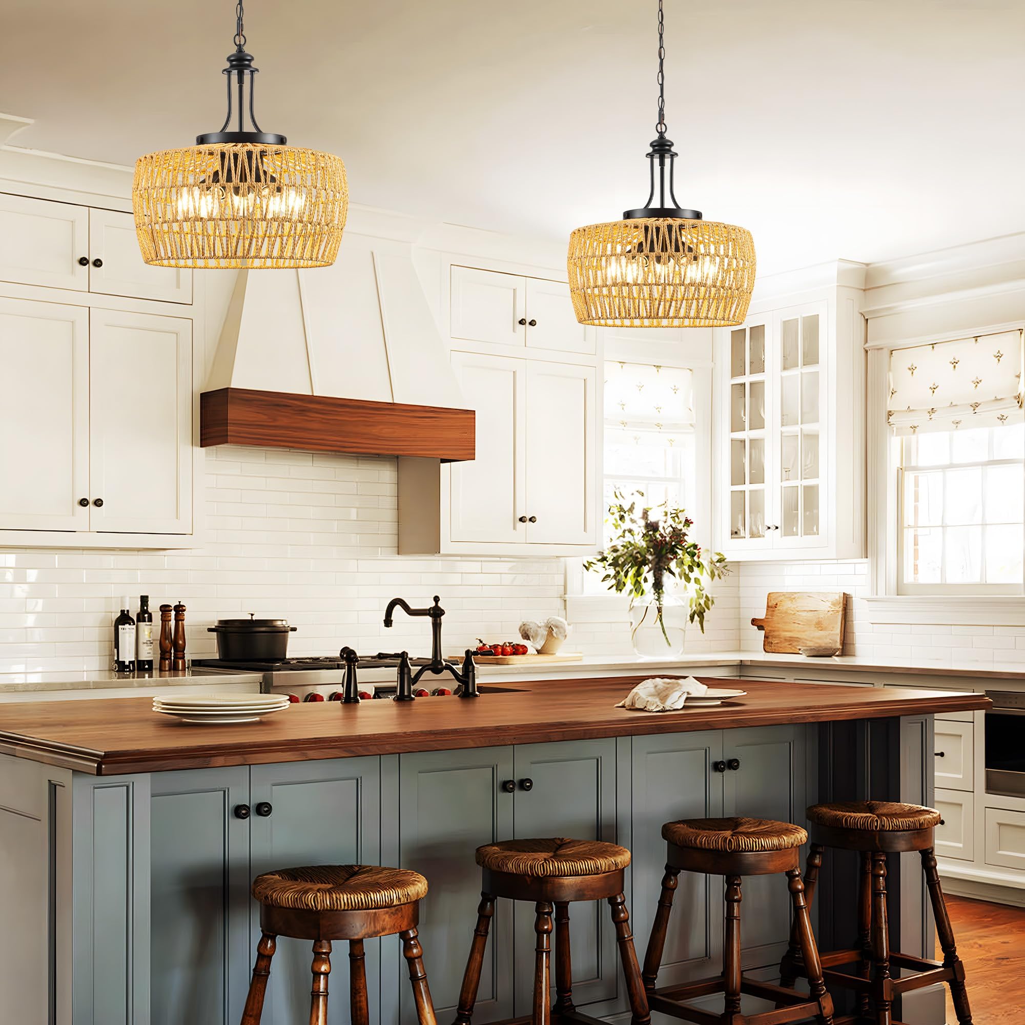 Leip 18.1'' Boho Rattan Chandelier - 5-Light Handwoven Farmhouse Pendant Light For Kitchen Island, Dining Room, Living Room - Ad