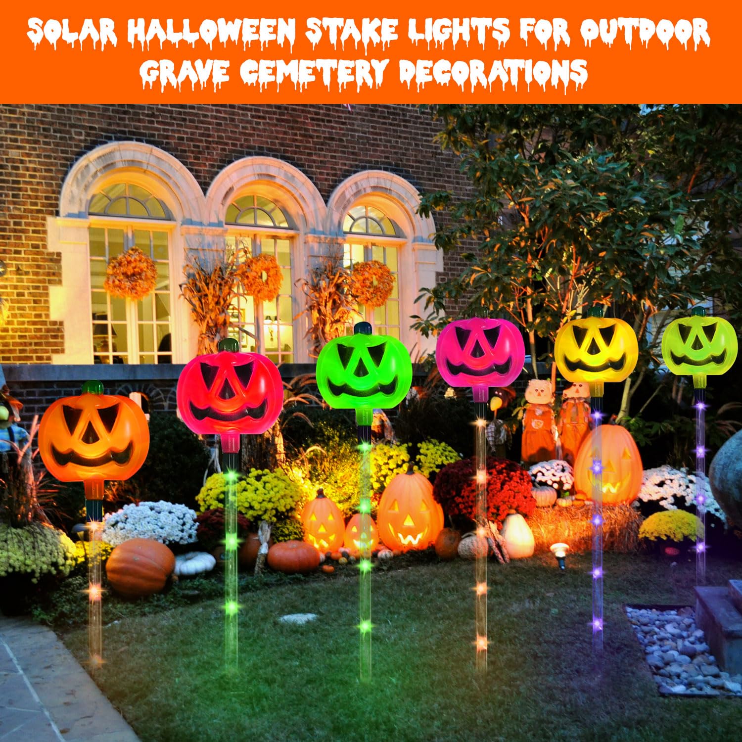Aovciust 6-Pack Solar Pumpkin Stake Lights, Multi-Color Waterproof Halloween Outdoor Decorations, Model HD001