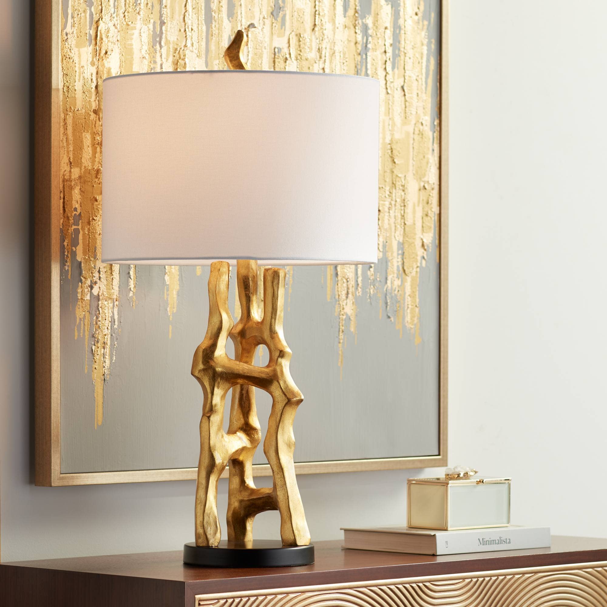 Possini Euro Design Organic Sculpture 29 Tall Modern Glam Elegant End Table Lamp Gold Finish Single Fabric White Shade Living Room Bedroom Bedside Nightstand House Office Home Reading Kitchen