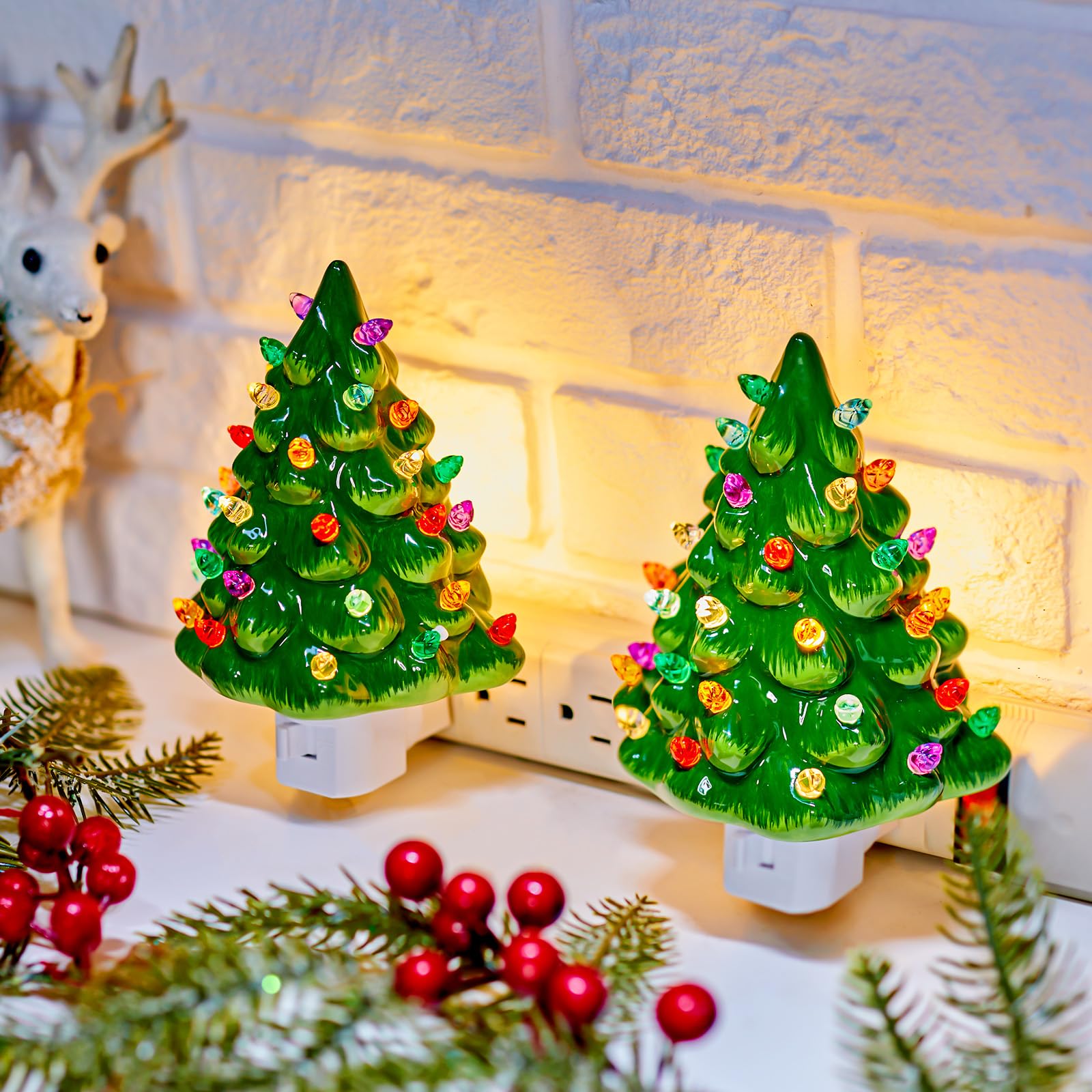 Brightown Ceramic Christmas Tree Night Light - 2 Pack 6 Christmas Decorative Ceramic Tree With On/Off Switch  Vintage Christmas Night Light For Bedroom Bathroom Living Room Porch Holiday Decor