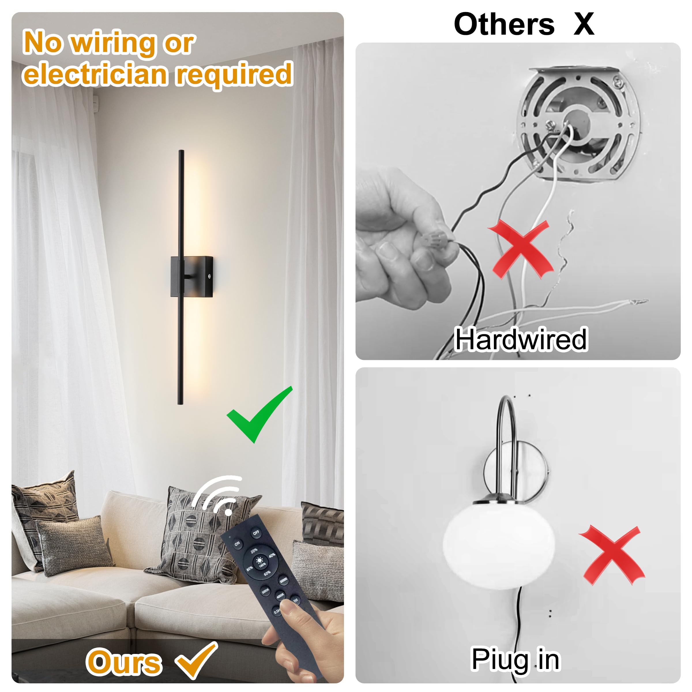 15800 mAh Battery Operated Wall Sconces with Remote Control Dimmable Wall Sconces Set of Two 3000K LED Matt Black Wireless Wall
