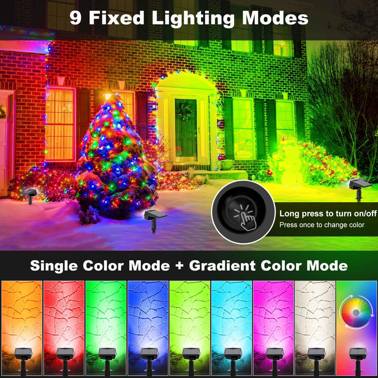 Fabrito Solar Color Changing Lights Outdoor, 9 Color Modes Landscape Spotlights, Dusk To Dawn Solar Powered Spot Lights For Outs