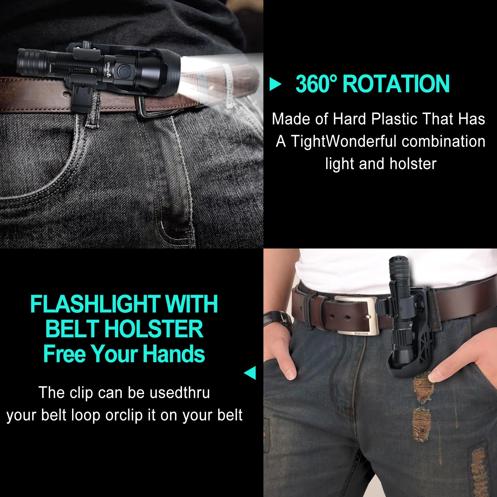 Ultrafire Tactical Edc Flashlight With Holster,1350 High Lumens Rechargeable Police Flashlight With Belt Holder,Zoomable Led Fla