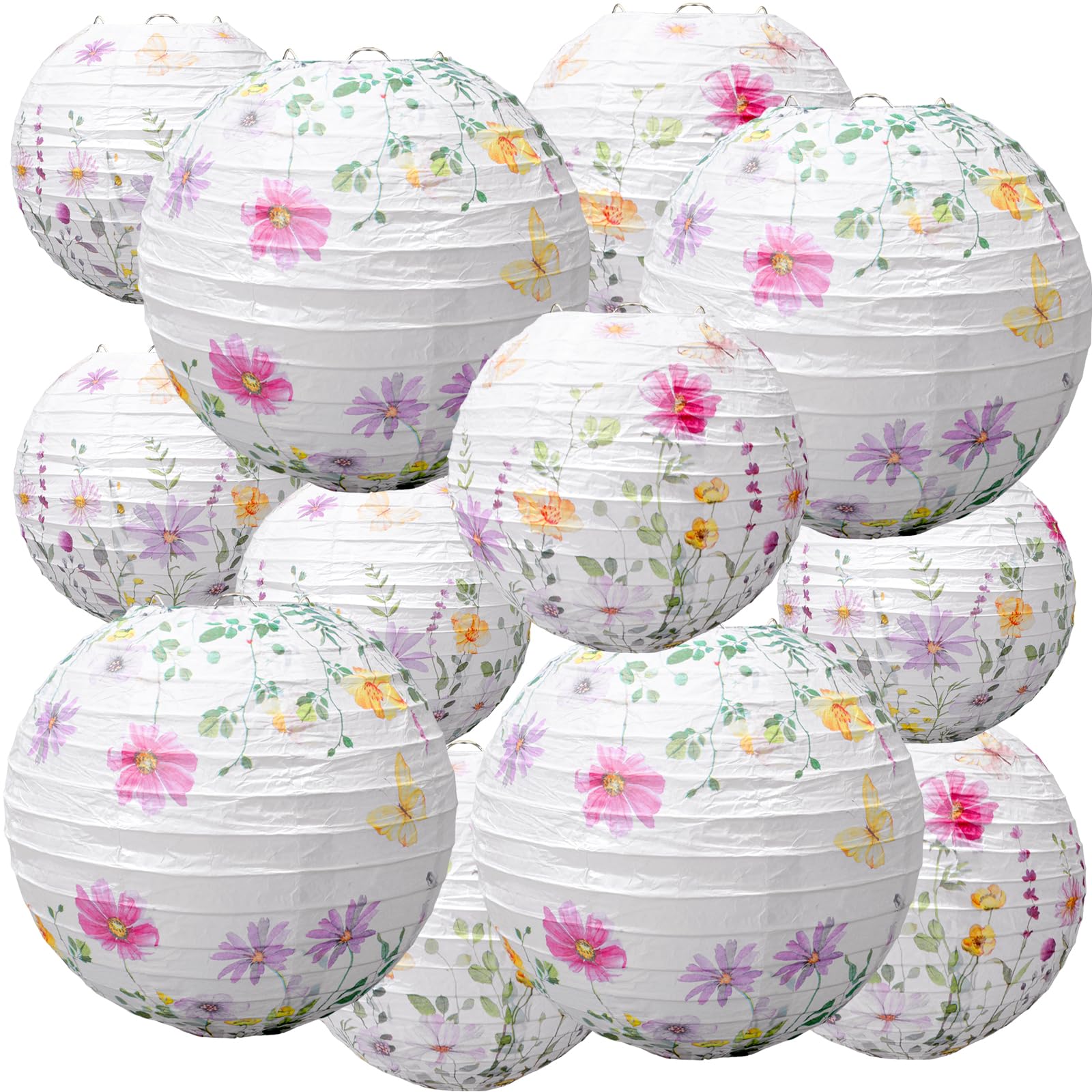Baquler 12 Pcs Wildflower Paper Lanterns Party Decorations Pink Purple Floral Hanging Lanterns 3 Styles for Baby in Bloom Baby S