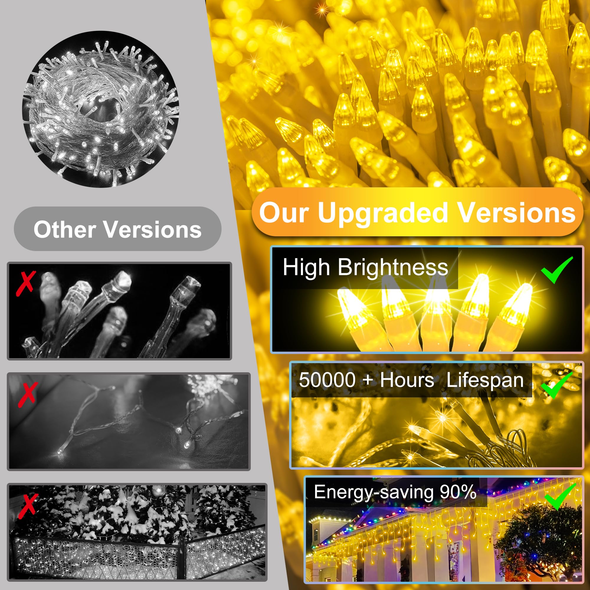 XIKENGSHQ LED Christmas Lights, 82ft Fairy String Lights, 176 Drops, Warm White, 8 Modes, Plug-in for Holiday Decorations