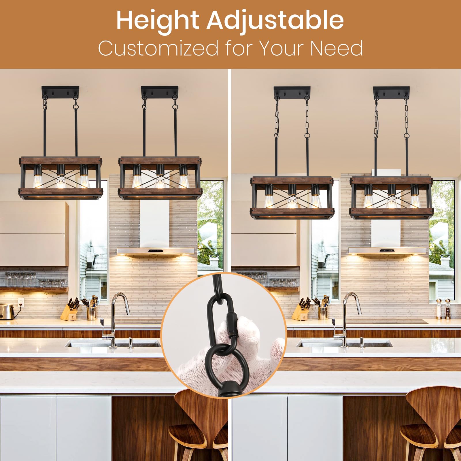 Hoxiya Farmhouse Kitchen Island Light  3 Lights Pendant Lighting Fixture  Rustic Wood Chandelier  Adjustable Height Metal Linear Light For Dining Room Kitchen Bar Pool Table.