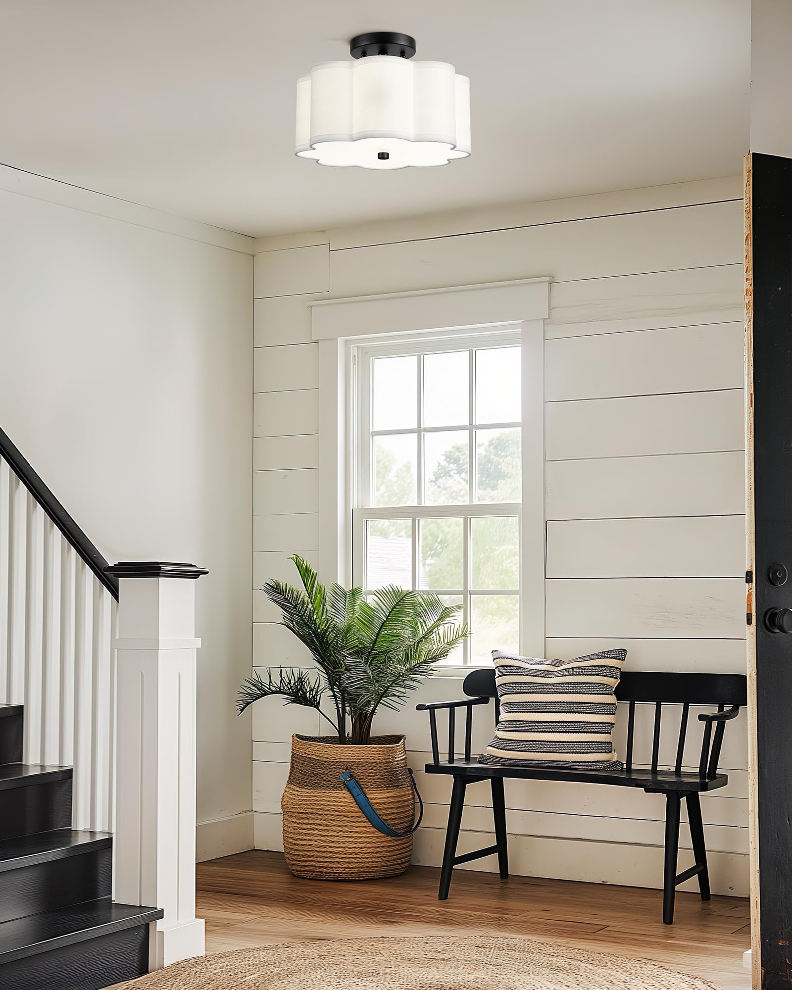 Audickic Semi Flush Mount Ceiling Light, 3-Light 13'' Ceiling Light Fixtures With Fabric Shade In Flower Shape, Matte Black Ceil