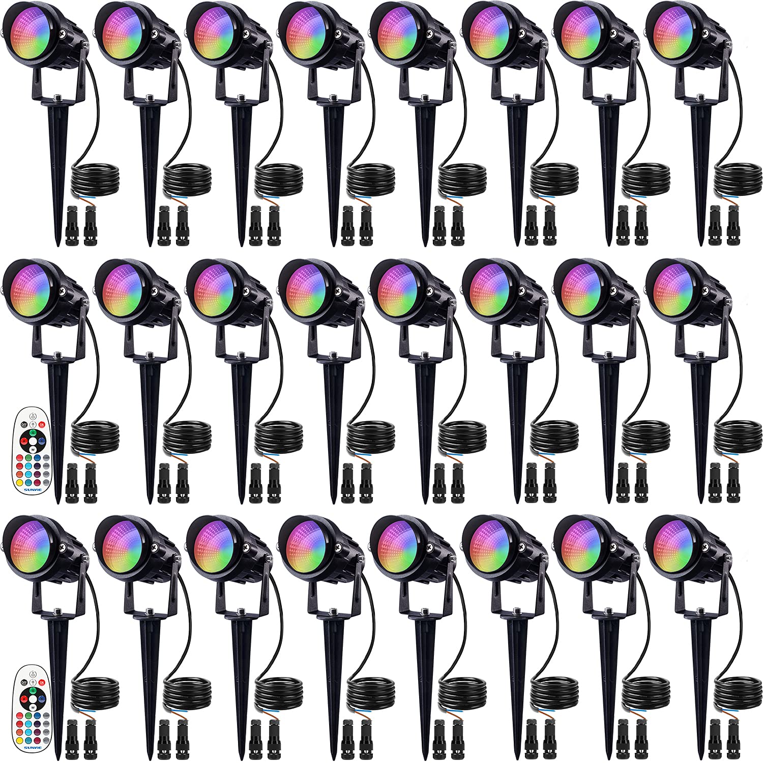 SUNVIE RGBW Low Voltage Landscape Lights, 12W LED Color Changing, 24 Pack, Black, Model 603977462774, Waterproof Outdoor Spotlight