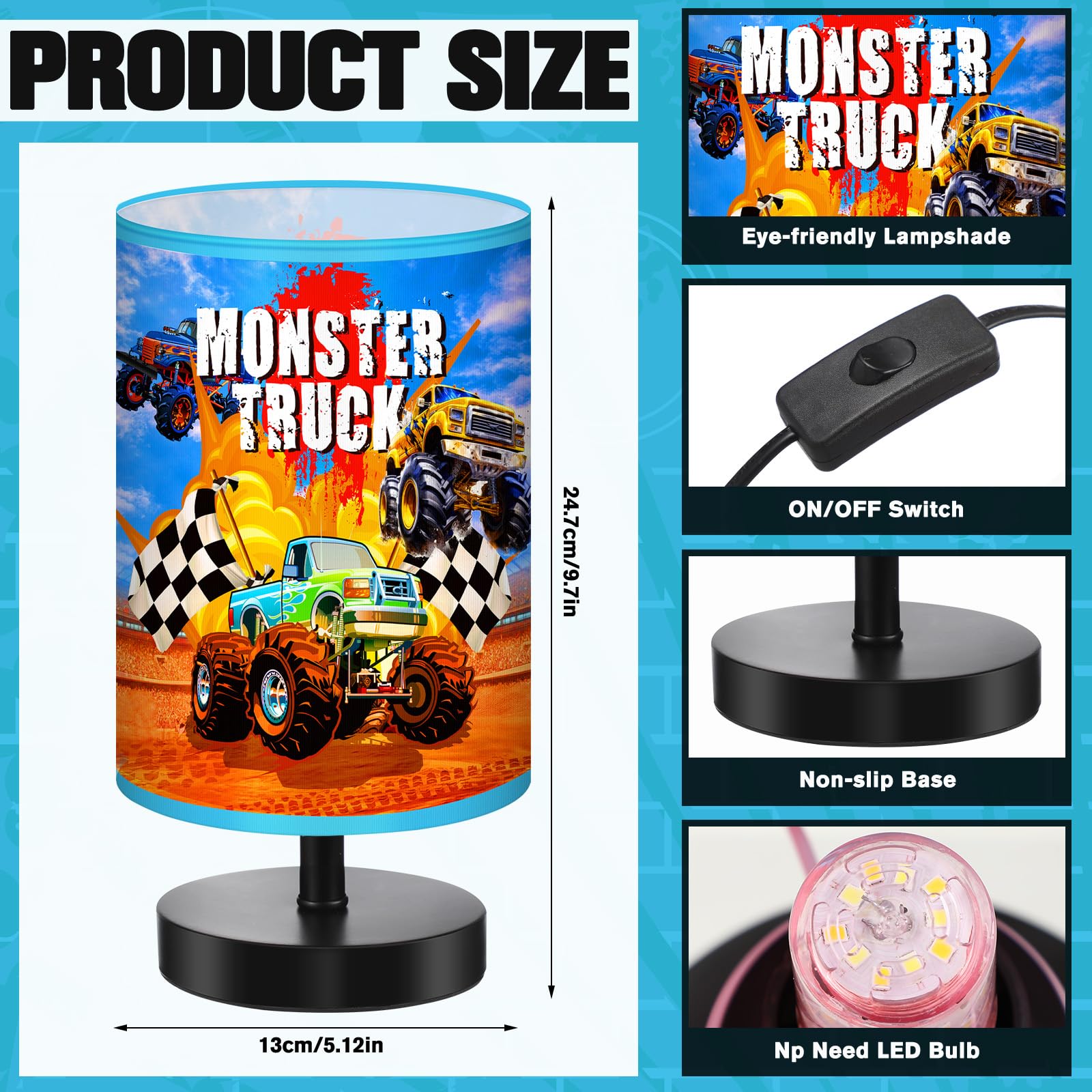 Glooglitter Monster Truck Table Lamp - Dimmable Night Light, Multicolor, 9.72x5.12 Inch, Linen, Model JEI-Glooglitter-2373