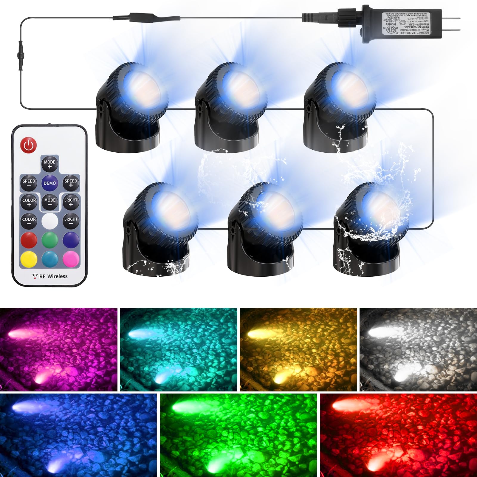 Srygery RGB Underwater Pond Lights, 6 Lights, IP68 Waterproof, Remote Control, Dimmable, Black, Model BSV-RL504C