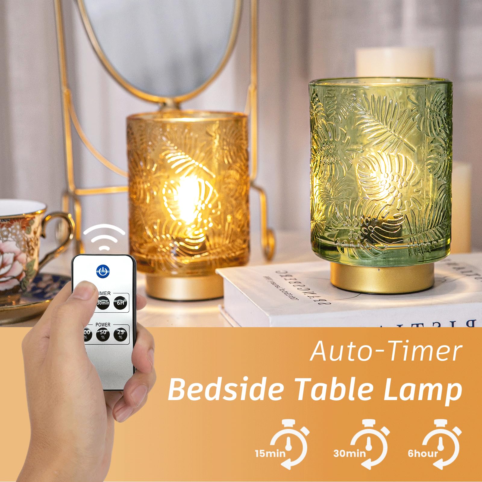 Ularoom Battery Operated Small Cordless Table Lamps With Remote Control, Dimmable Brightness Wireless Lamp With Timer, Glass Bat