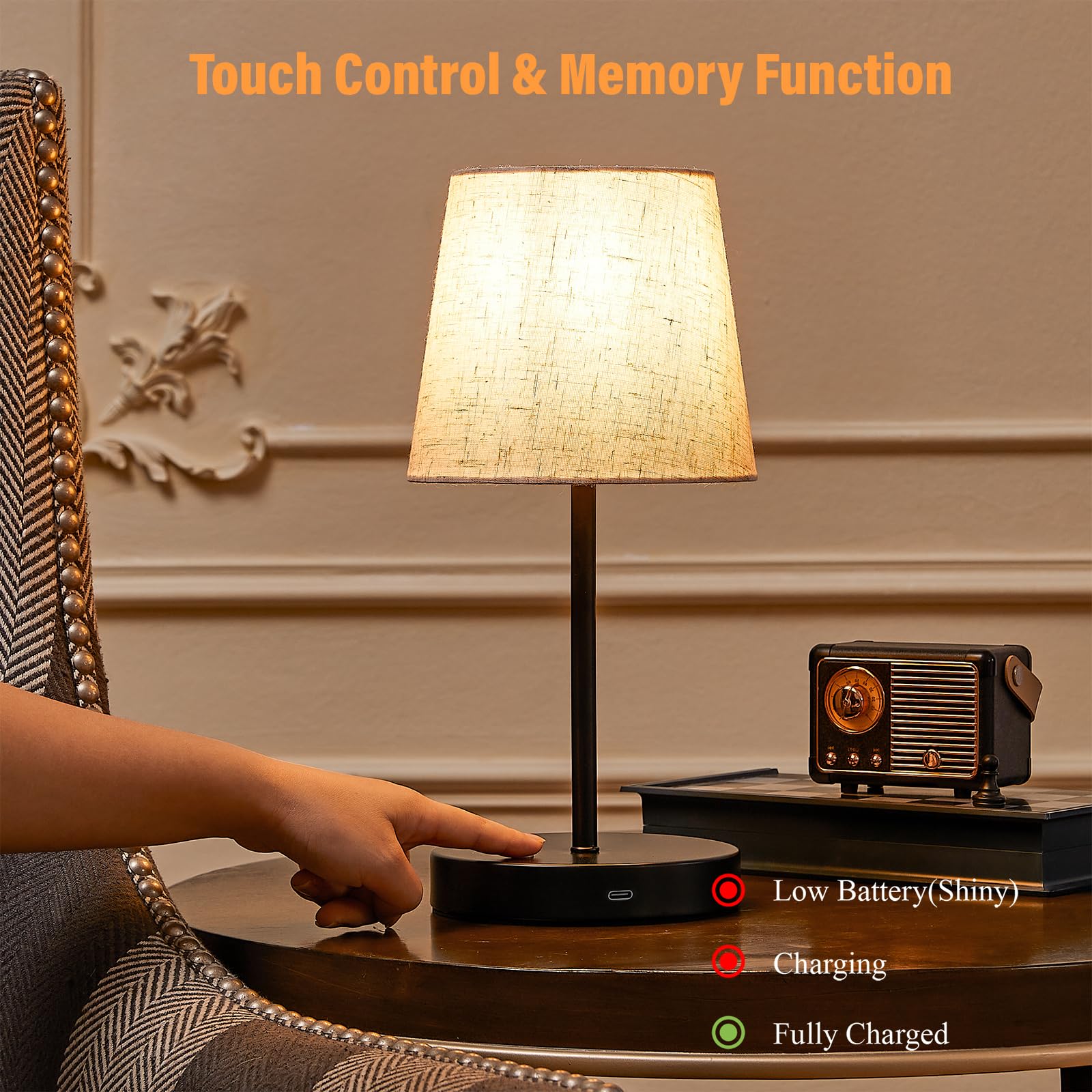 BOHON Cordless Table Lamp Rechargeable, Built-in 5200mAh Battery Operated Lamp, LED Bedside Night Lamp, Touch Stepless Dimming O