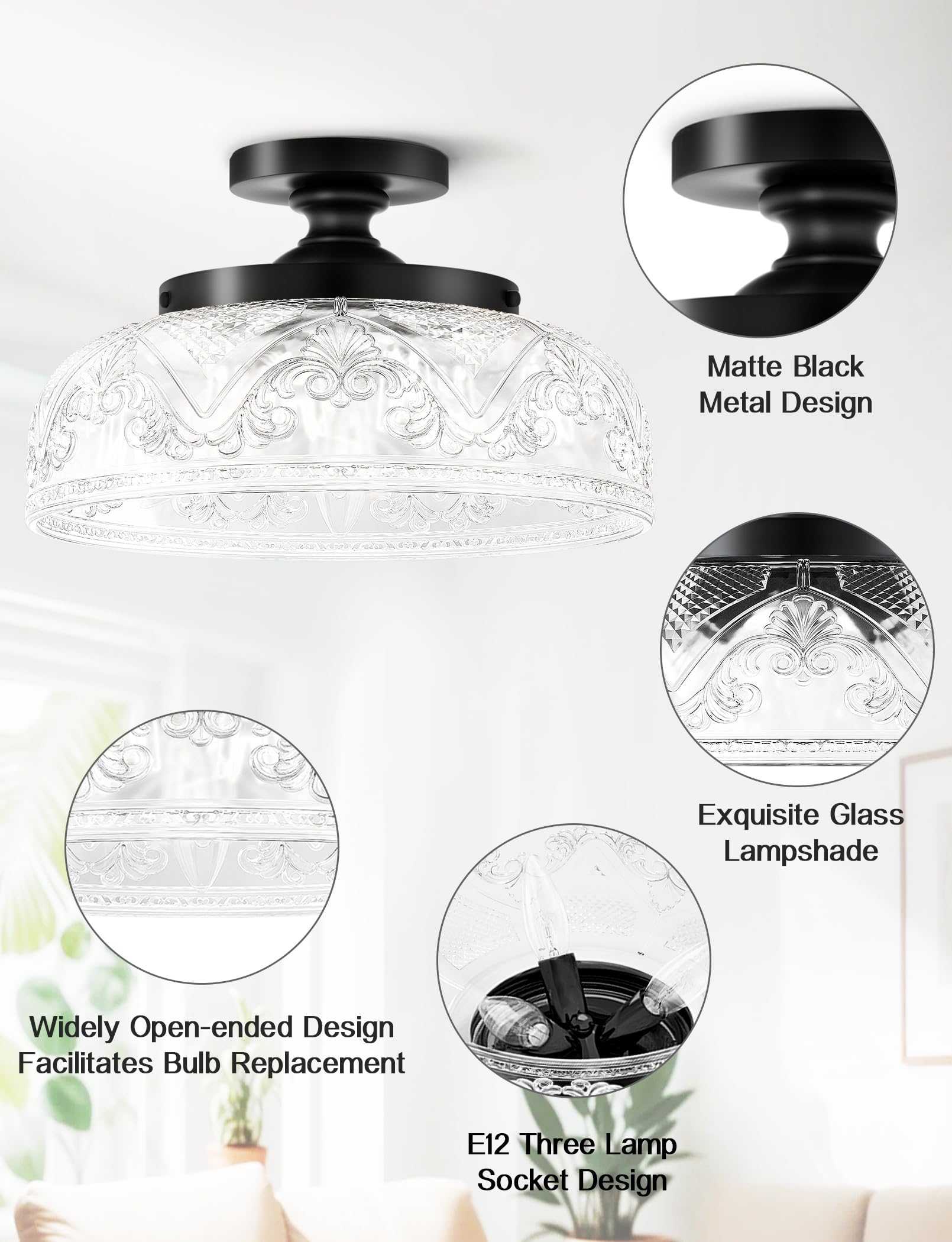 Slypadan Semi Flush Mount Ceiling Light, 12 Inch Black Globe Glass Fixture, 3-Light Industrial Design for Kitchen, Bathroom, Dining Room