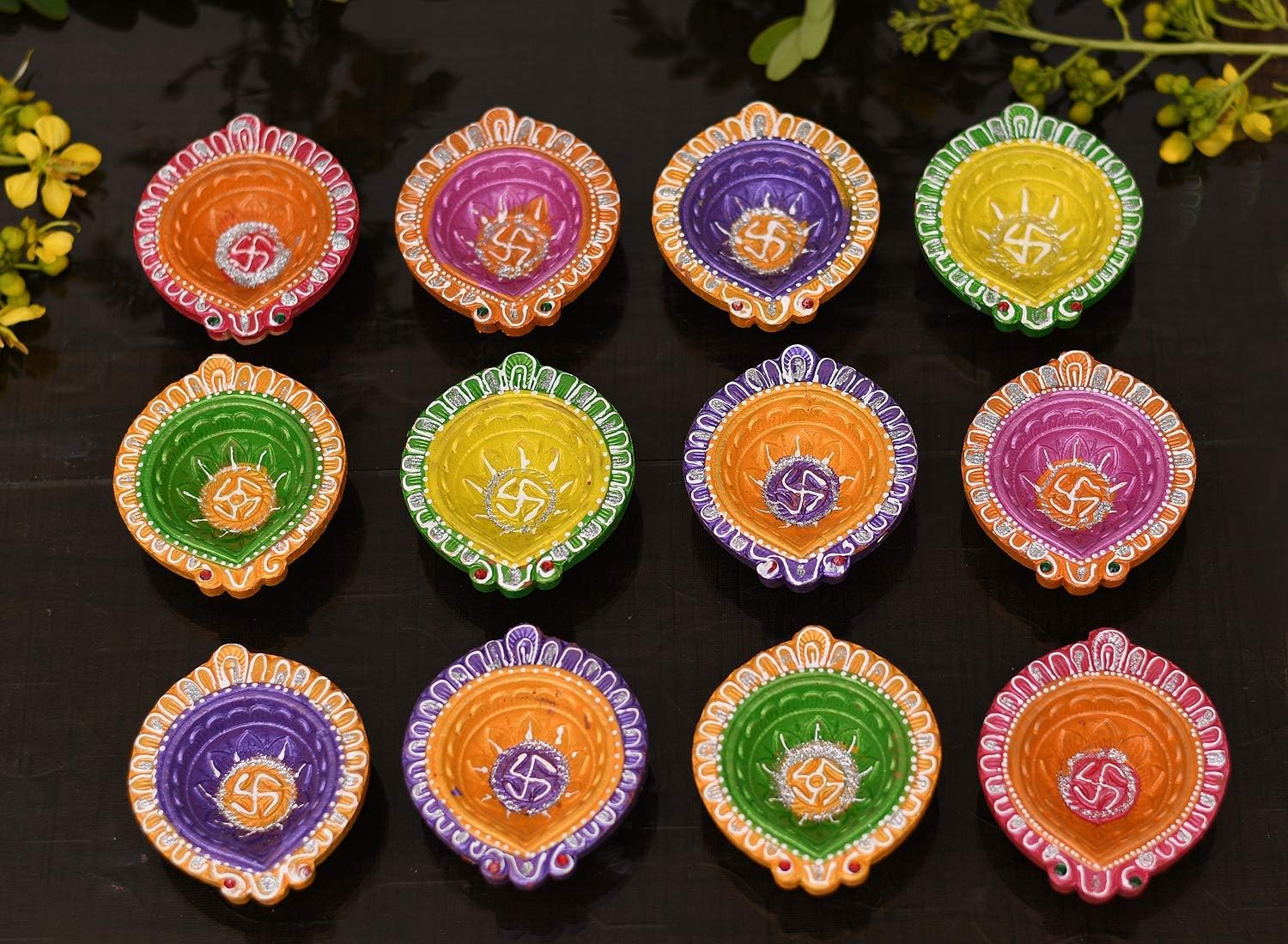 Collectible India Clay 12 Diyas Diya Deepak Earthen Assorted Colorful Set - Diwali Decoration Puja - Handpainted Diya for Home I