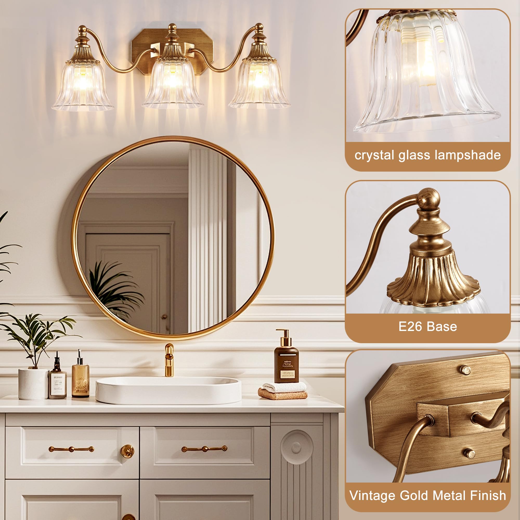 DvmTeom 3-Light Vintage Bathroom Vanity Light Fixture, Antique Brushed Gold with Crystal Glass Shade, Model D6001