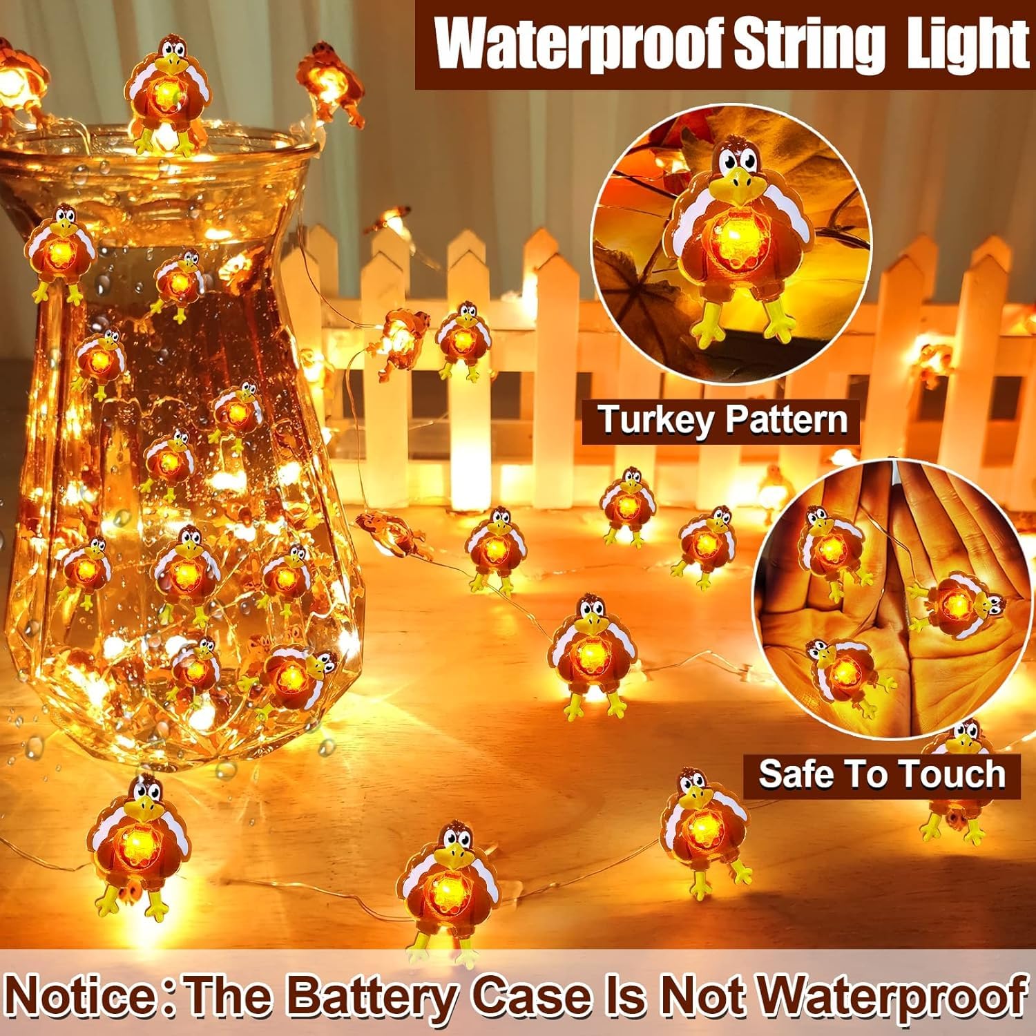 TURNMEON 10 Ft 30 LED Orange Thanksgiving Turkey Lights - Battery Operated Copper Wire Fairy String Lights for Indoor Outdoor Decor