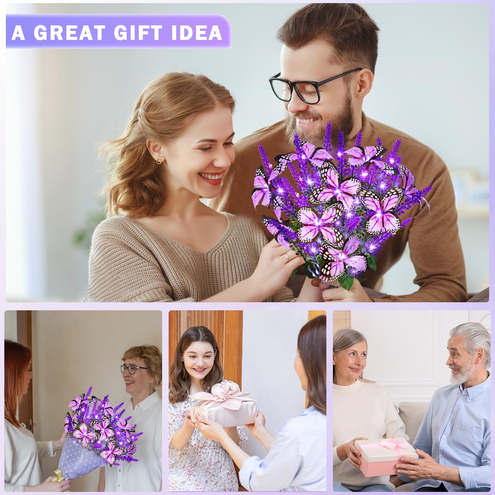 Solar Garden Lights, Solar Lavender Butterfly Lights, Solar Artificial Flower Lights Outdoor Waterproof Decoration, Gardening Gifts For Women, Yard Patio Pathway Lawn Courtyard Decoration(Warm White)