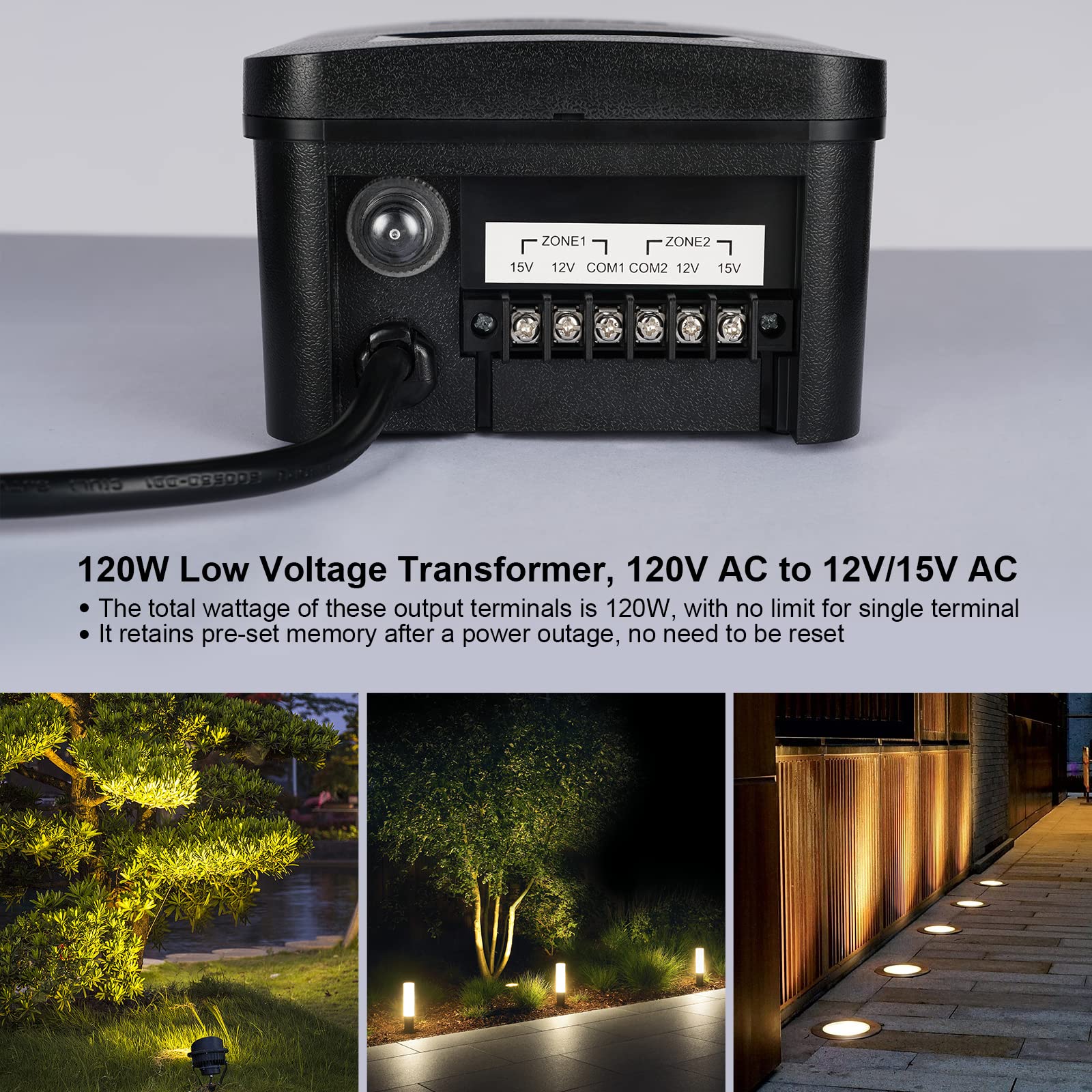 SURAIELEC 120W Smart Landscape Transformer, 12V/15V AC, 2 Zones, Black, Works with Alexa & Google Assistant