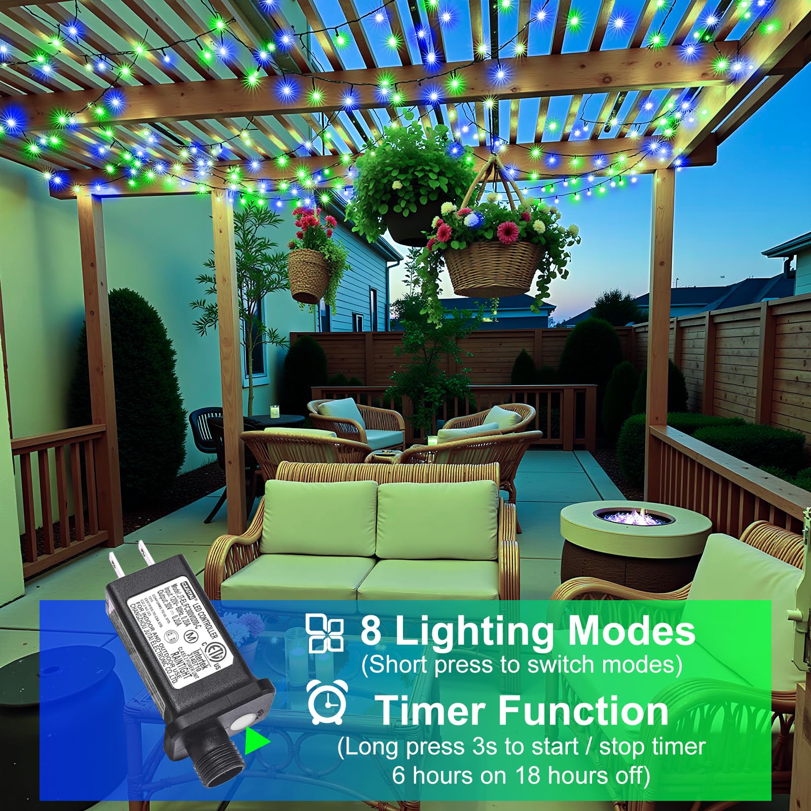 Christmas Lights Outdoor  66Ft 200 Led Christmas Tree Lights With 8 Modes Waterproof  Plug In Connectable String Twinkle Light Green Wire For Tree Patio Party Decorations  Blue Green