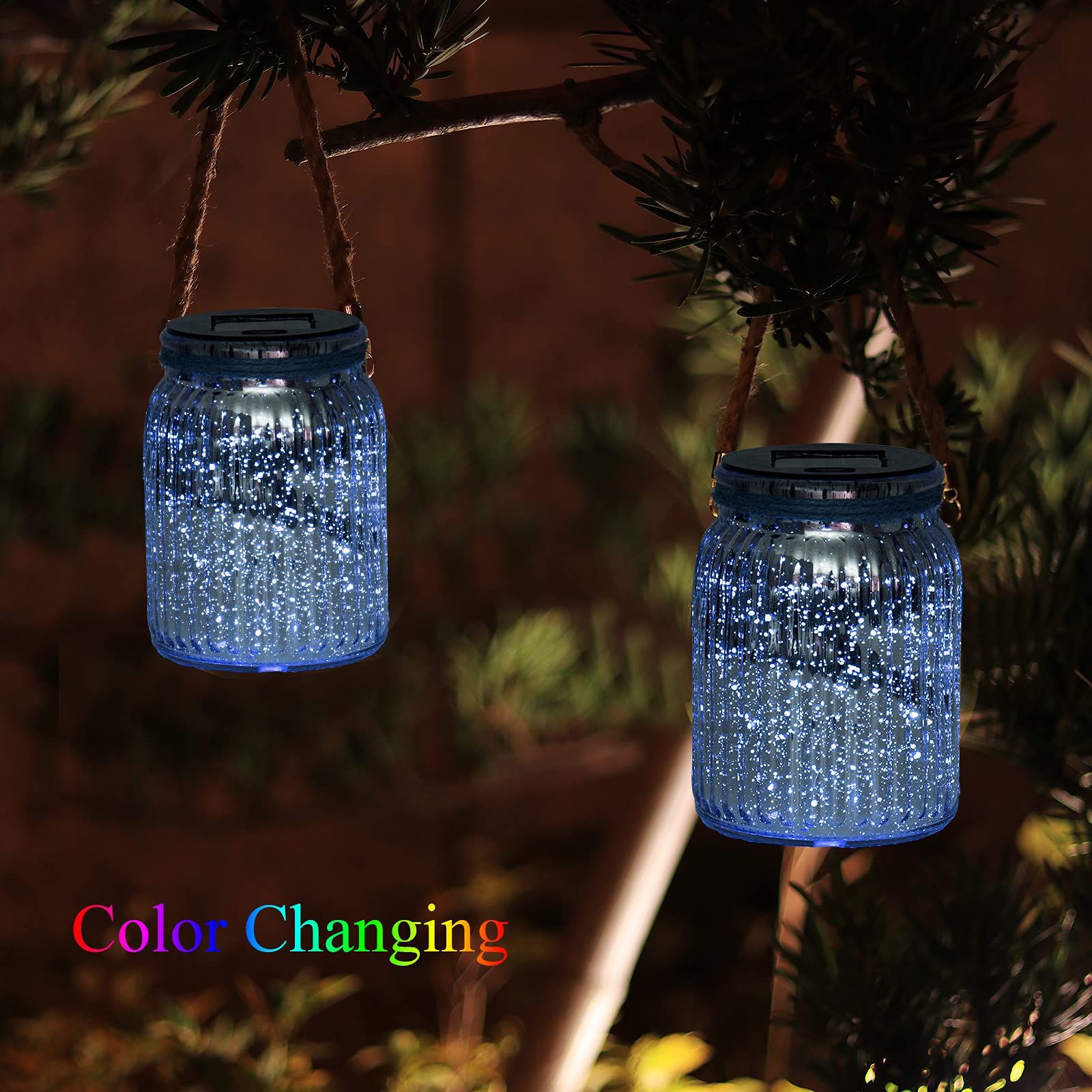 Afirst Hanging Solar Lantern Lights 2 Pack, 20 LED Color Changing Mercury Glass, Waterproof for Outdoor Decor