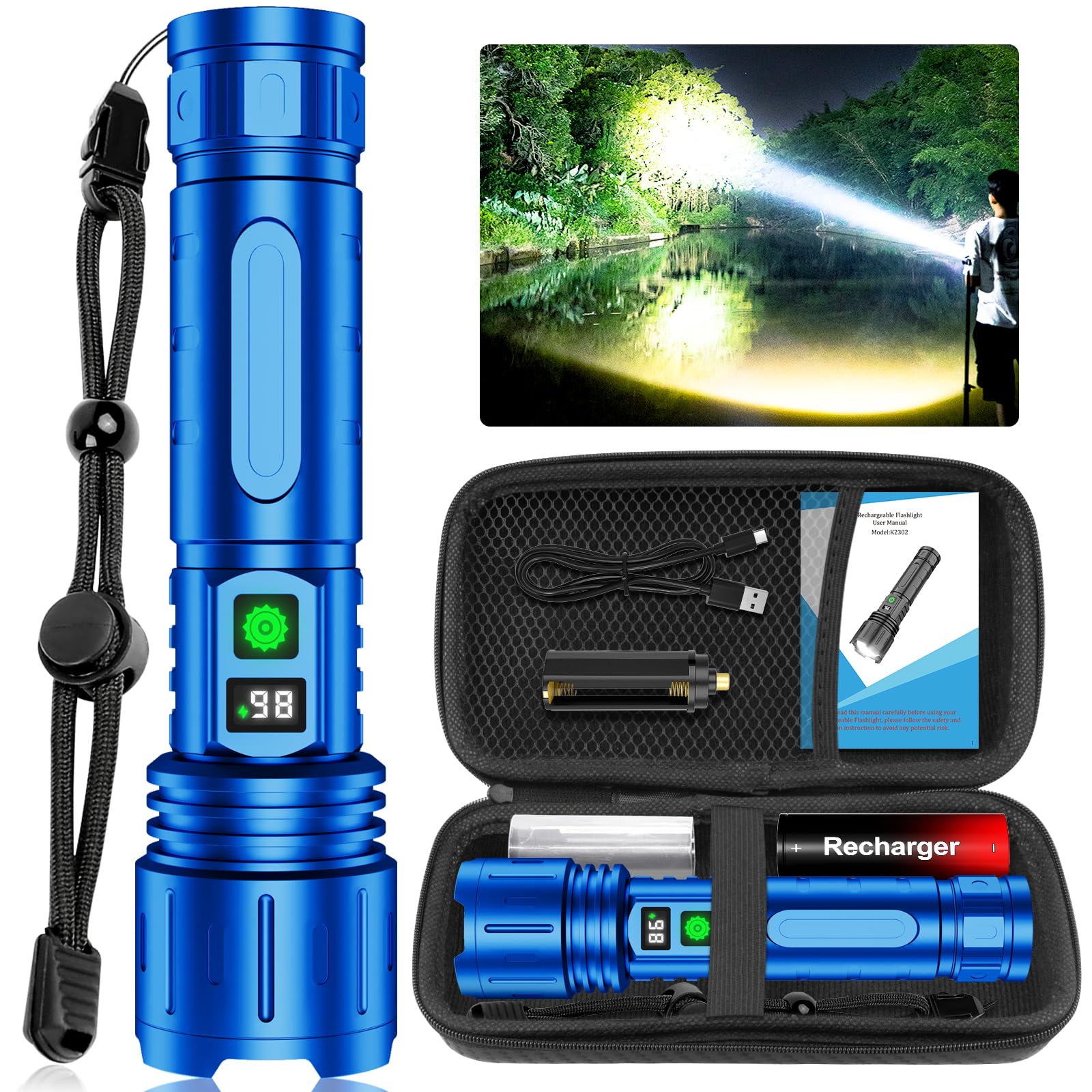Banral High Lumens Rechargeable Flashlight, 100000 Lumens, 5 Modes, Zoomable, IPX5 Waterproof, Aluminum, Blue, Model K-2302-B