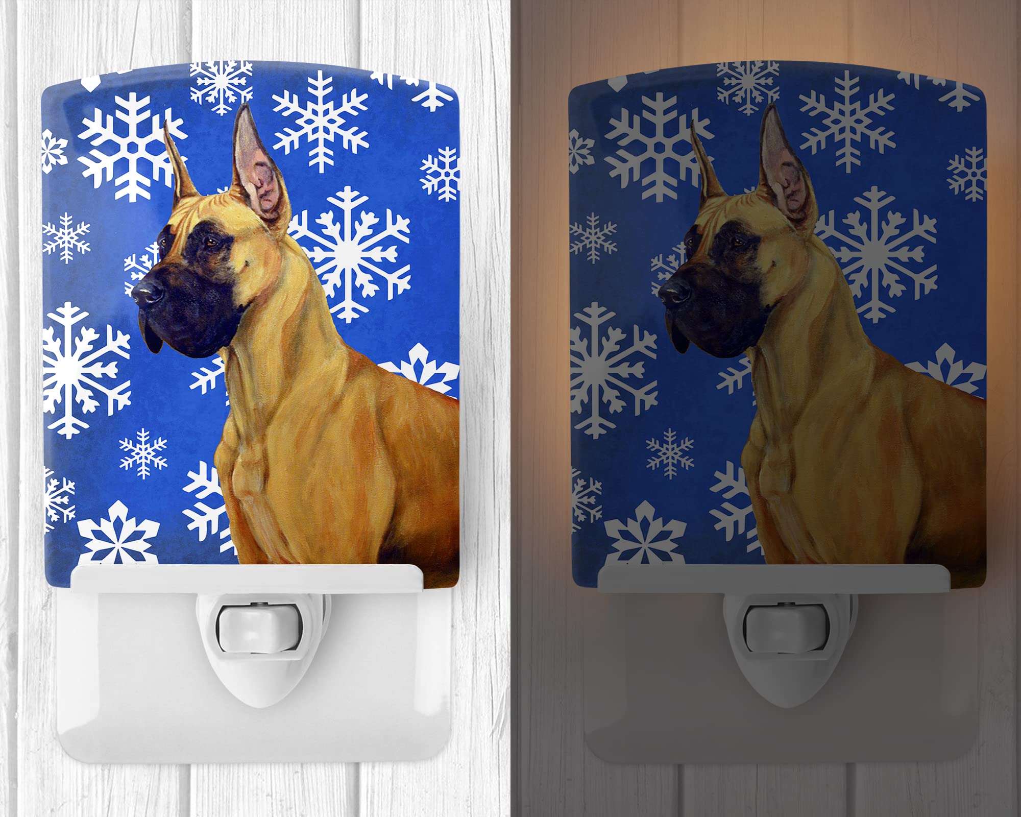 Caroline'S Treasures Lh9265Cnl Great Dane Winter Snowflakes Holiday Ceramic Night Light Compact, Ul-Certified, Ideal For Bedroom, Bathroom, Nursery, Hallway, Kitchen, 6X4X3, Multicolor