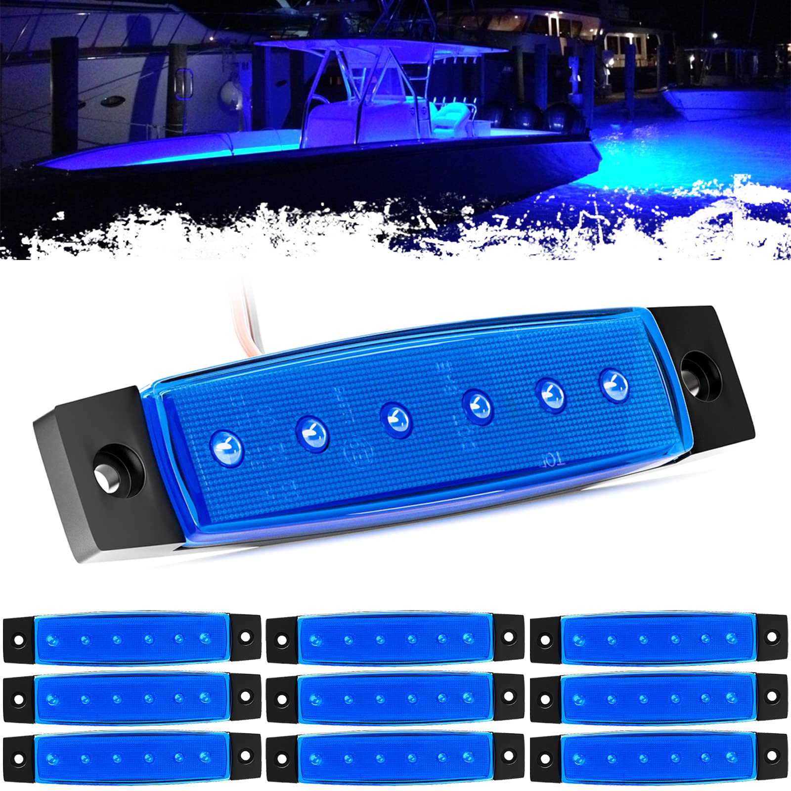 PSEQT LED Boat Interior Lights - Waterproof Marine Courtesy Light Strip, Blue, 10PCS, Colored Lens for Fishing, Pontoon, Kayak, Yacht