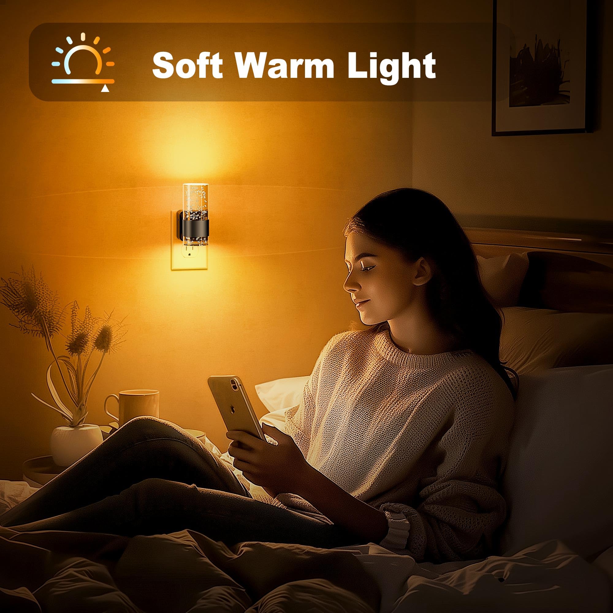 JandCase Dimmable LED Night Light, 2 Pack Adjustable Brightness, Black-Amber, Automatic Sensor for Bathroom Hallway Decor