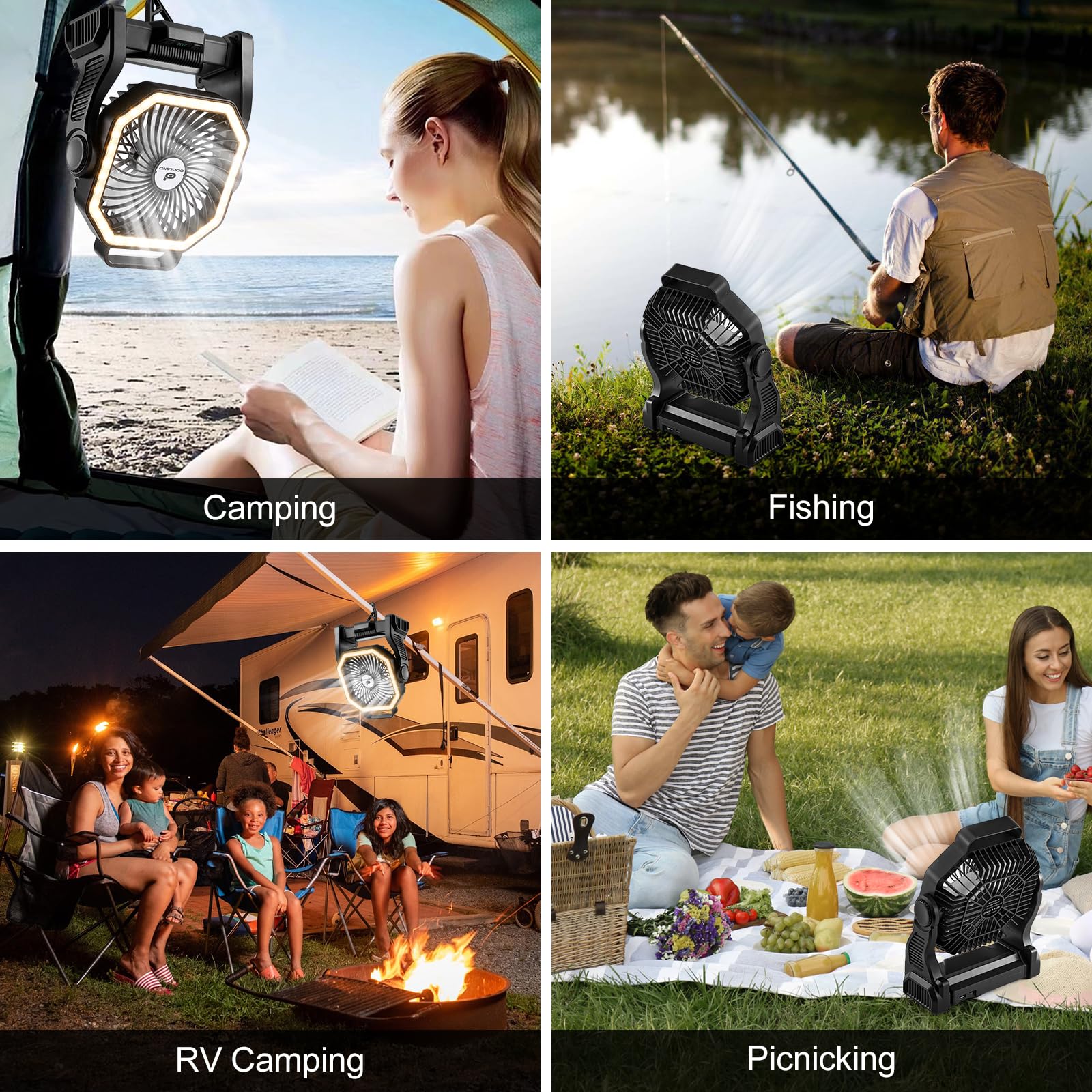 Odoland Rechargeable Camping Fan - 20000mAh Battery, LED Lantern, Portable Desk Cooling Fan, Black, Model OD0729B-Odoland