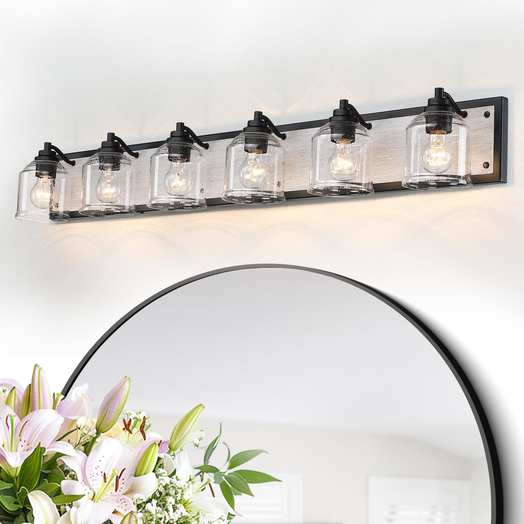 YKLITG 6-Light Farmhouse Bathroom Vanity Light, Grey Metal with Bubble Glass Shades, Model BD005-6-BK