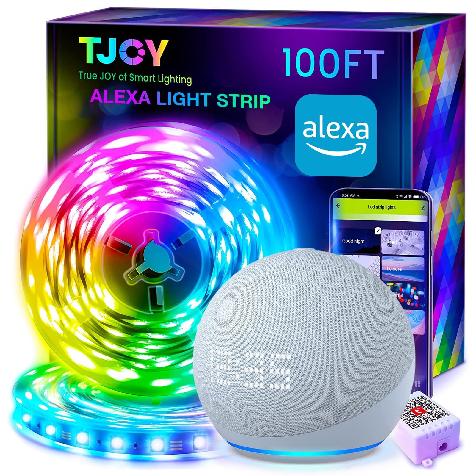 TJOY Smart LED Strip Lights, 100ft RGB Color Changing, Music Sync, App & Remote Control, Multicolor, Model TA2W1502475-3