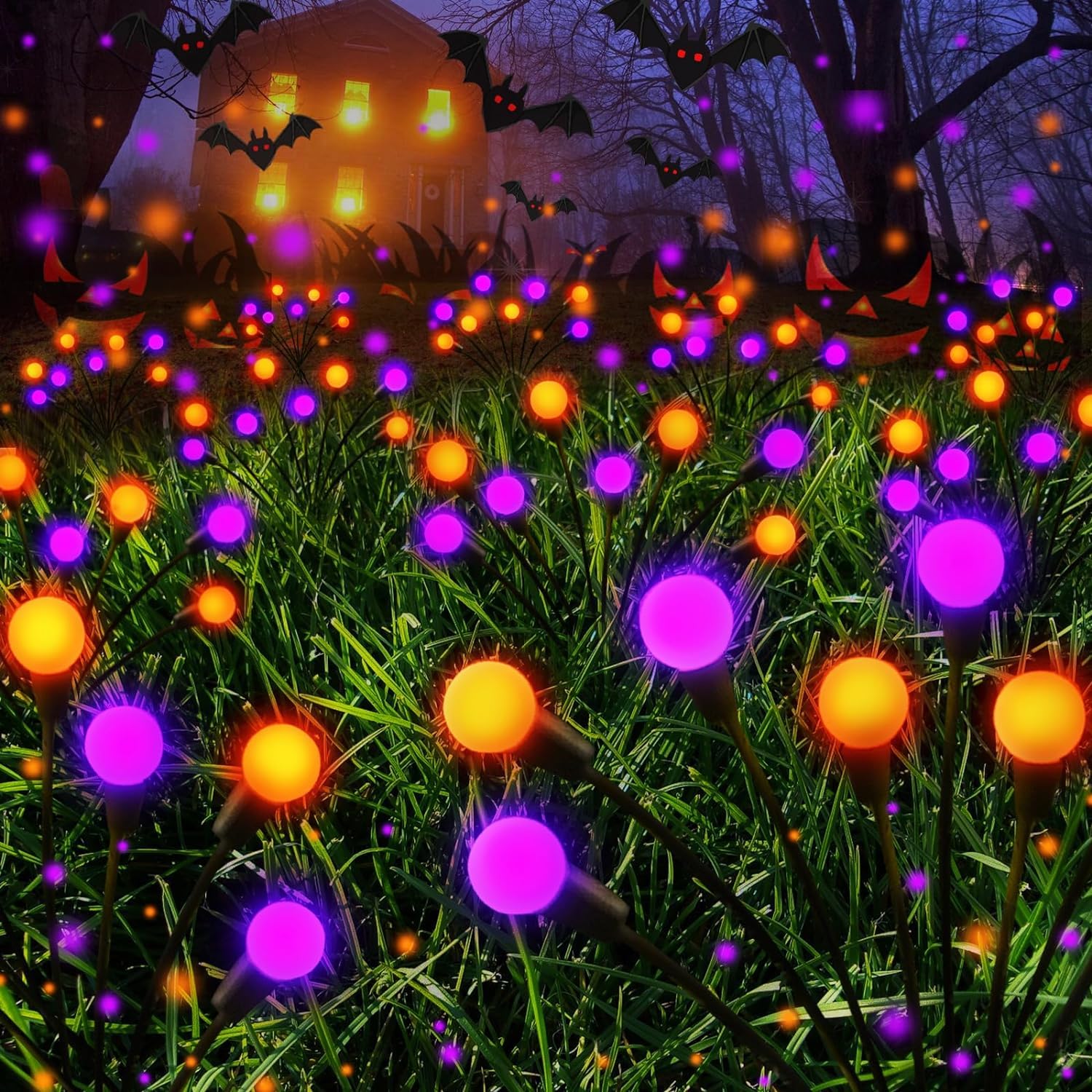 Albelt Swaying Firefly Solar Lights - 6 Pack, Waterproof LED, Orange & Purple, Outdoor Halloween Decorations, Model JM-FIREFLY