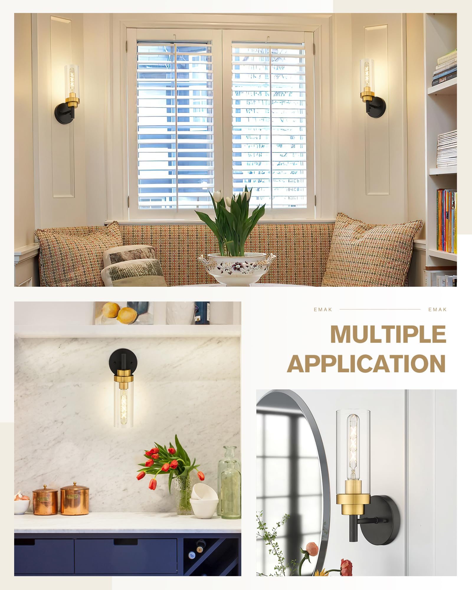 Emak Black And Gold Sconces Wall Lighting, Modern Vanity Lights With Clear Glass Shade, Wall Sconce For Bathroom, Bedroom, Livin