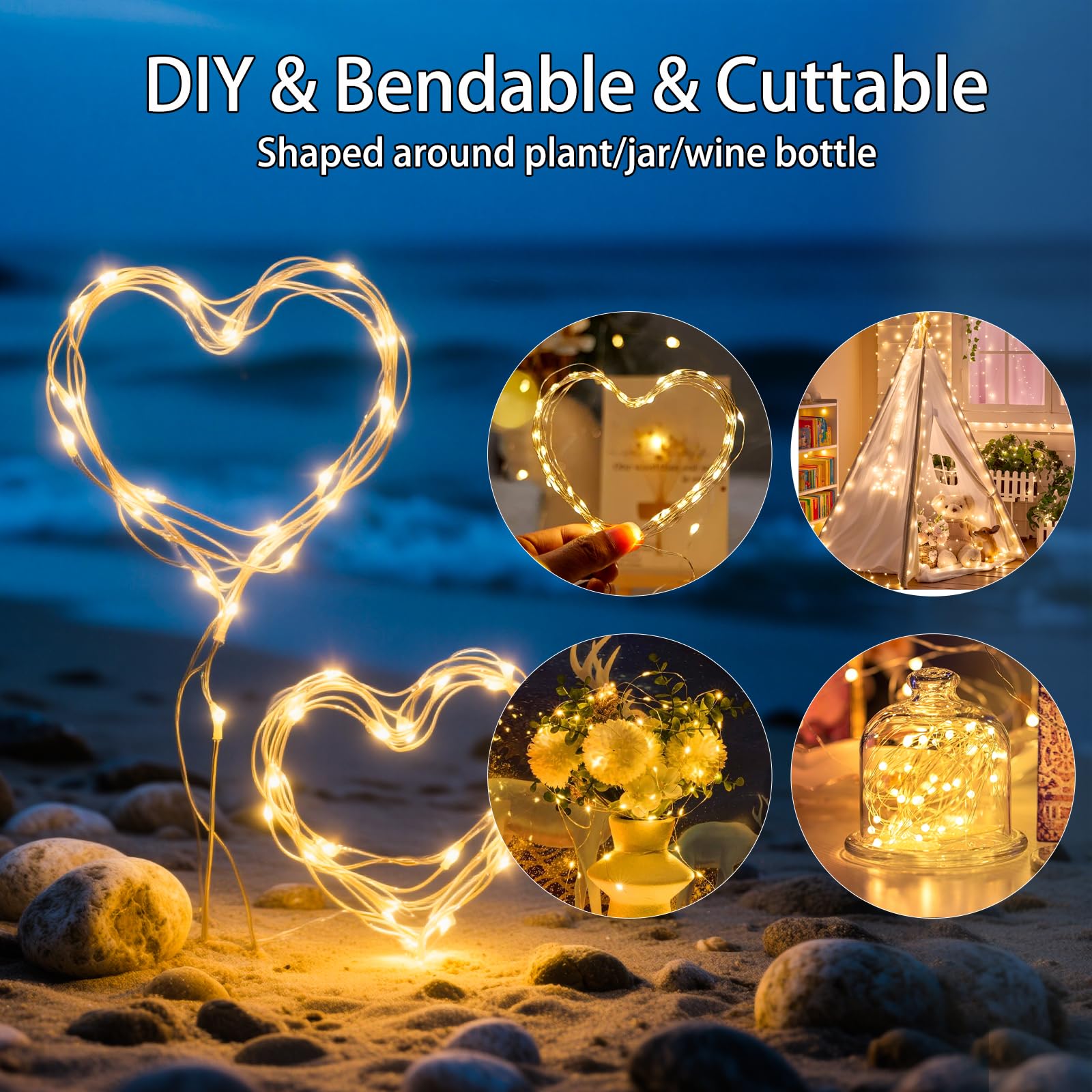Vookry 30 Led Fairy Lights - 10Ft Mini Silver Wire String Lights, 8 Pack, Warm White For Diy Crafts, Weddings, And Christmas Decor