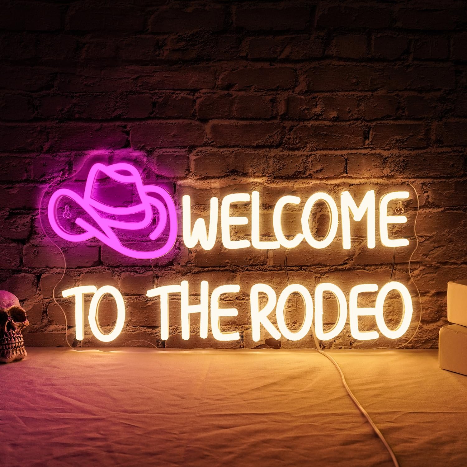 WLHOPE Neon Sign Cowboy Hat LED Lights Dimmable 16.5 x 8.6 inches Acrylic Wall Decor Welcome to The Rodeo