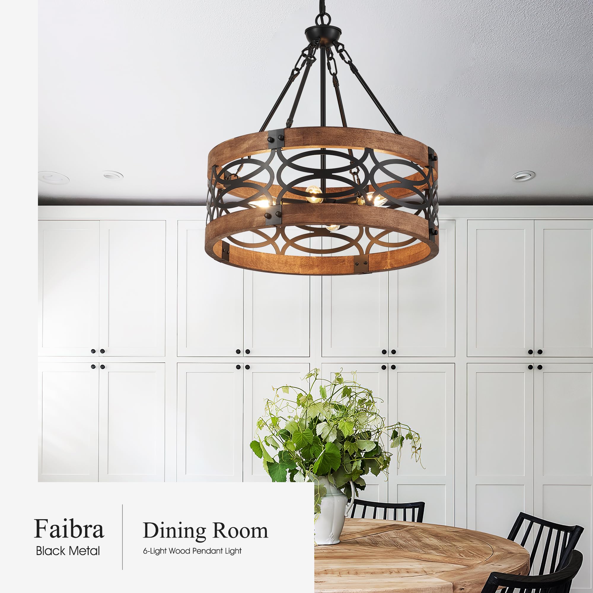 Faibra 6-Light Farmhouse Drum Wood Pendant Light,19.7'' Vintage Rustic Brown Oak Wood Chandeliers,Retro Industrial Hanging Light