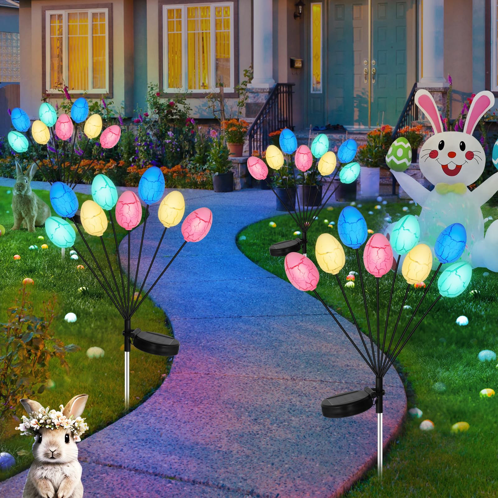 4 Pack Solar Easter Egg Lights, Colorful Garden Swaying Firefly Light Outdoor Easter Lights Waterproof Solar Stake Light for Law