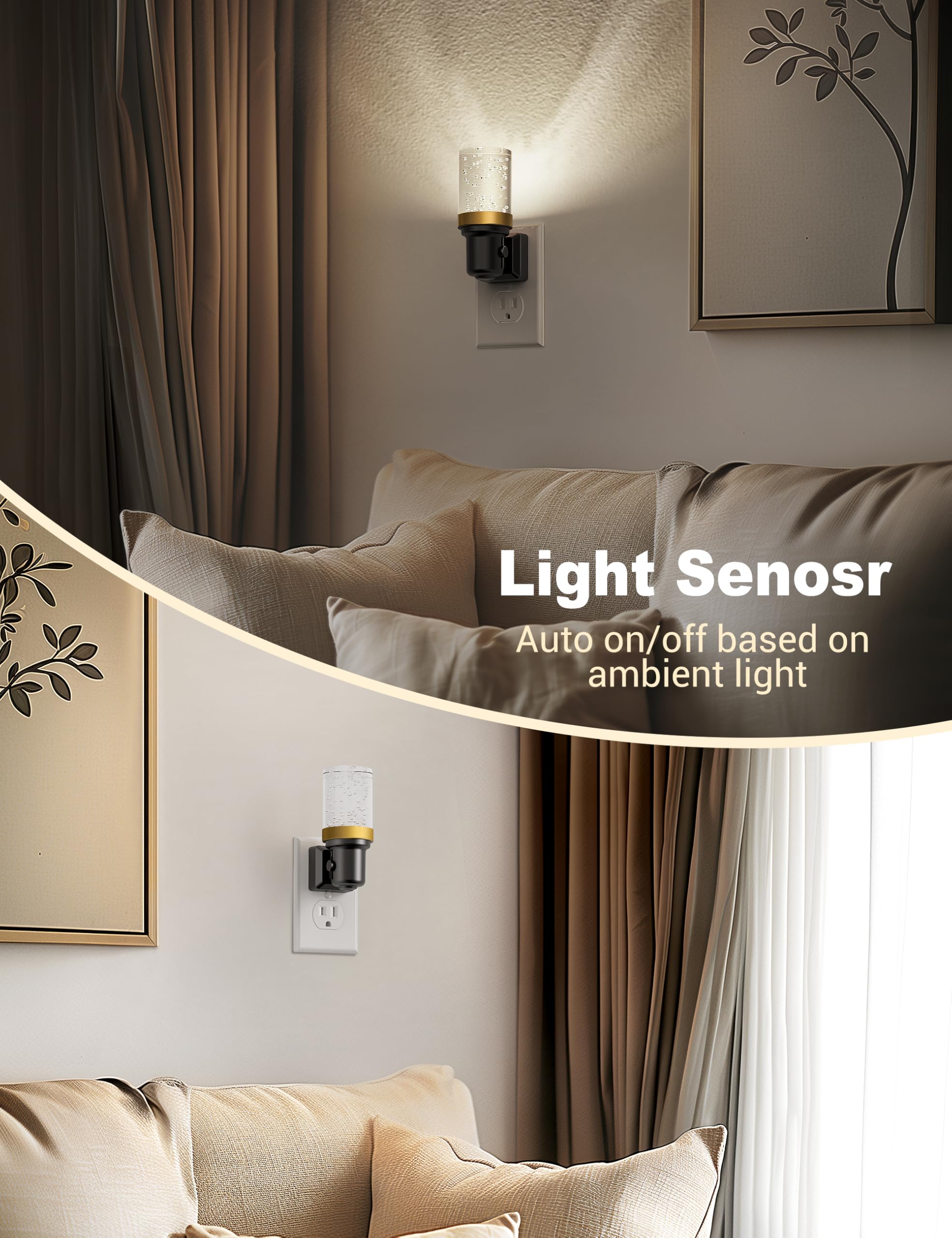 Jandcase Night Light, Dimmable Night Lights Plug Into Wall, Auto On/Off Light Sensor Nightlight, 5000K Daylight White 0-100Lm Br