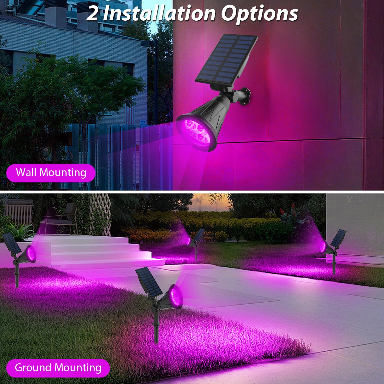 T-SUN Solar Spotlights, 4 LED Waterproof Outdoor Lights, 180° Adjustable, 1 Pack, Purple, Model SG_B07FNK8ZR2