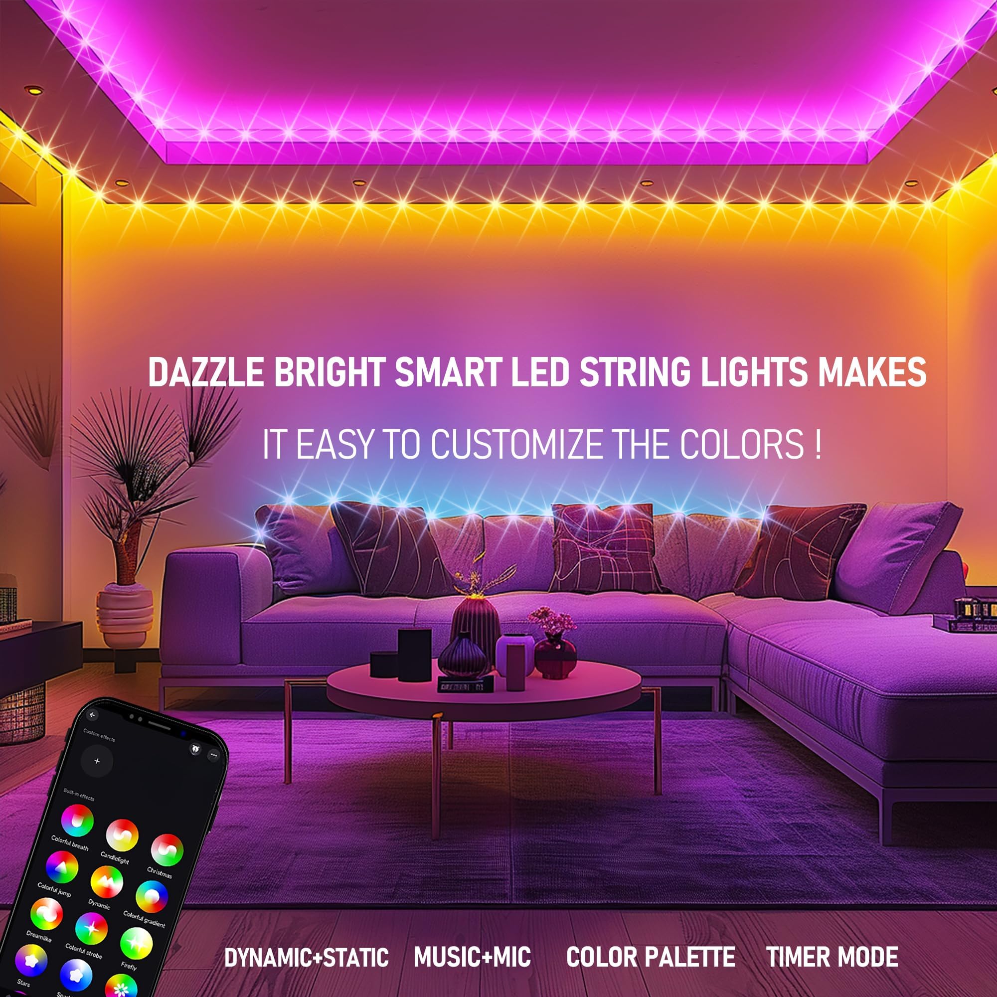 Dazzle Bright 164FT Smart RGB LED Christmas String Lights, 500 LEDs, Remote & App Controlled, Indoor/Outdoor Holiday Decor
