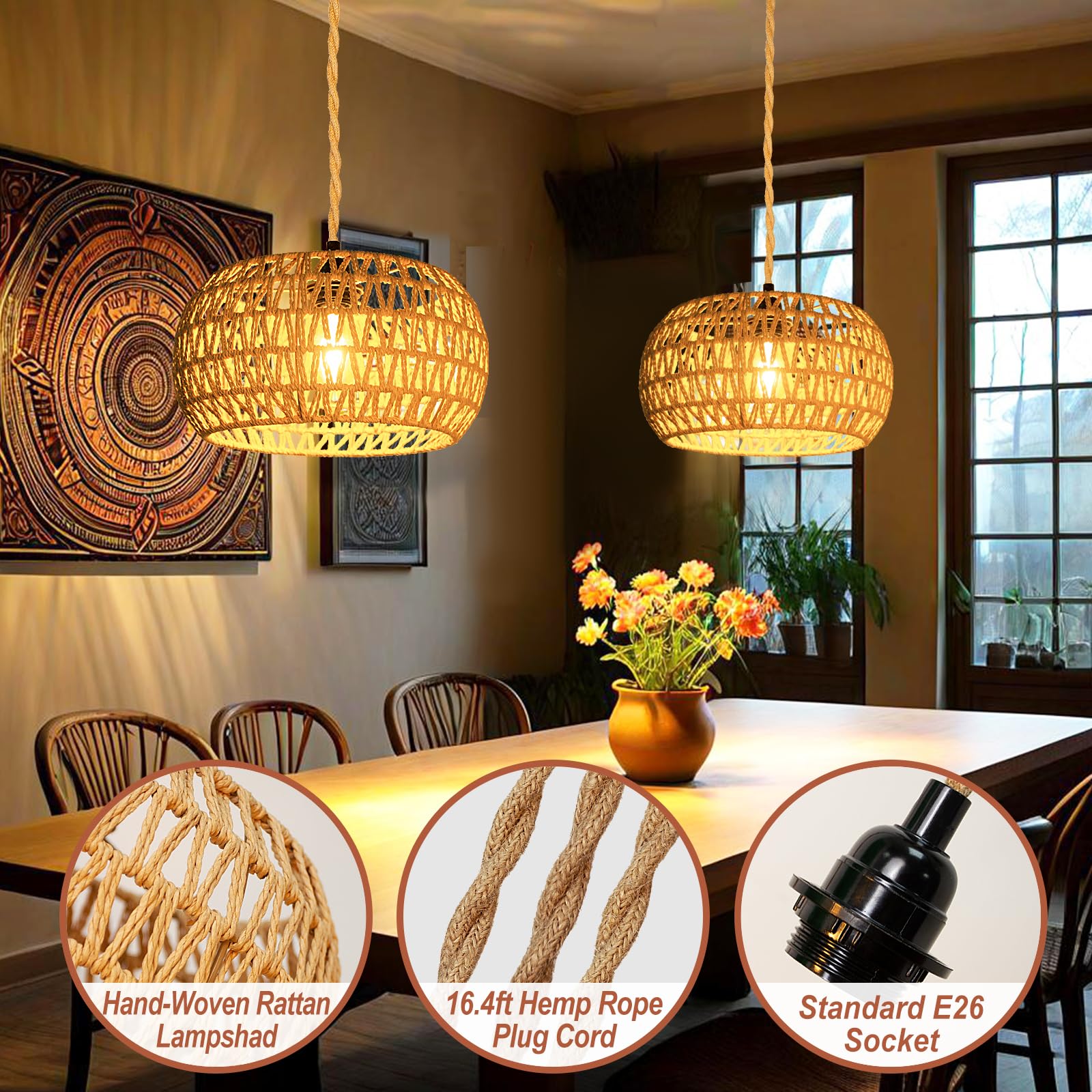 Eqquorva Plug In Pendant Light,Rattan Hanging Lights With Plug In Cord,Handmade Hanging Lamp Plug In,Rattan Light Fixtures Ceiling Hanging For Living Room Bedroom