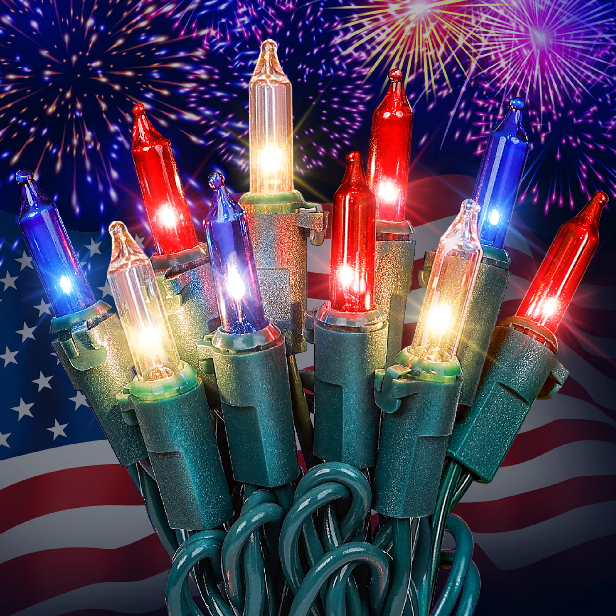 Hopolon 50 Count Red White Blue Mini String Lights, 13Ft Incandescent, 2Pack For 4Th Of July Indoor Outdoor Decor