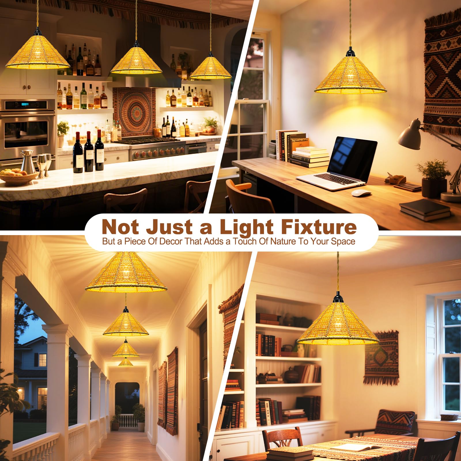 Maliralt Rattan Pendant Light - 16.4ft Plug-in Cord Fixture, Industrial Shade, 7.88 Inch, Jute Rope, On/Off Switch for Bedroom/Living Room